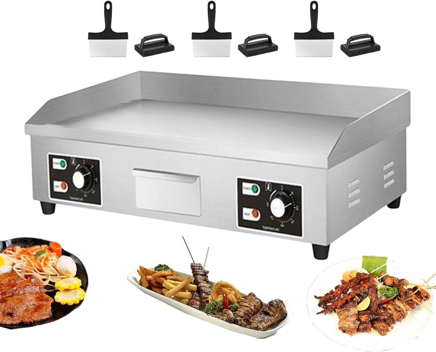Electric Griddle, Commercial Flat Top Grill, Stainless Steel Steak Bacon Fryer, Countertop Burger Bacon Grill Plate Pancake Maker, with 3 Cleaning Shovels & 3 C，3500W