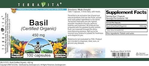 Miniatura 4 de Albahaca (Certificado Orgánico) - 450 mg (100 Cápsulas, ZIN 517570) - Paquete de 3