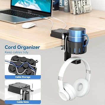 KDD 3 in 1 Drink Holder and Headphone Stand with Cable Storage, Rotating Headphone Hanger Detachable Desk Cup Holder Non-slip Sturdy Space-saving Under Desk Headphone Hook with Two Wire Holes
