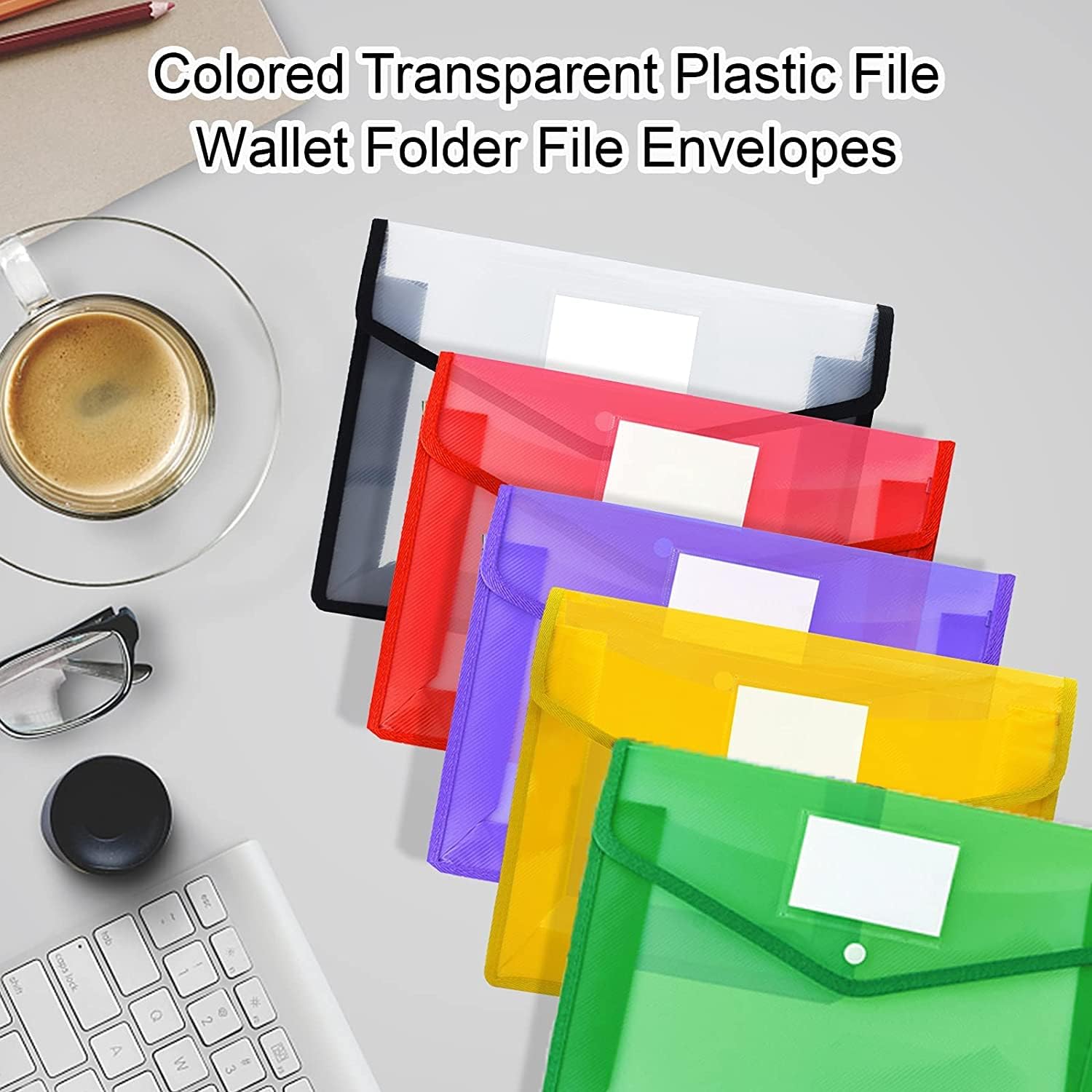 MORE BUY Plastic Envelope Folder, Transparent Poly-Plastic A3 Documents File, Drawing Paper Storage Bag with Snap Button Plastic A3 Size Set of 5