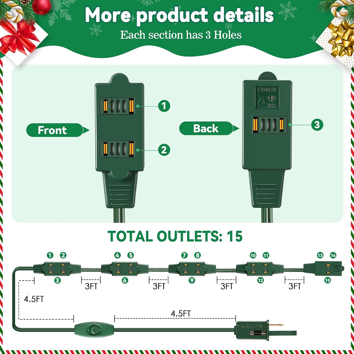 Enhon 1 Pcs 23 Ft 15 Outlet Green Christmas Tree Extension Cord with Outlet and Switch, Xmas Tree Lights Extension Cord with Safety Fuse Male Plug for Home Office Christmas Holiday Lights
