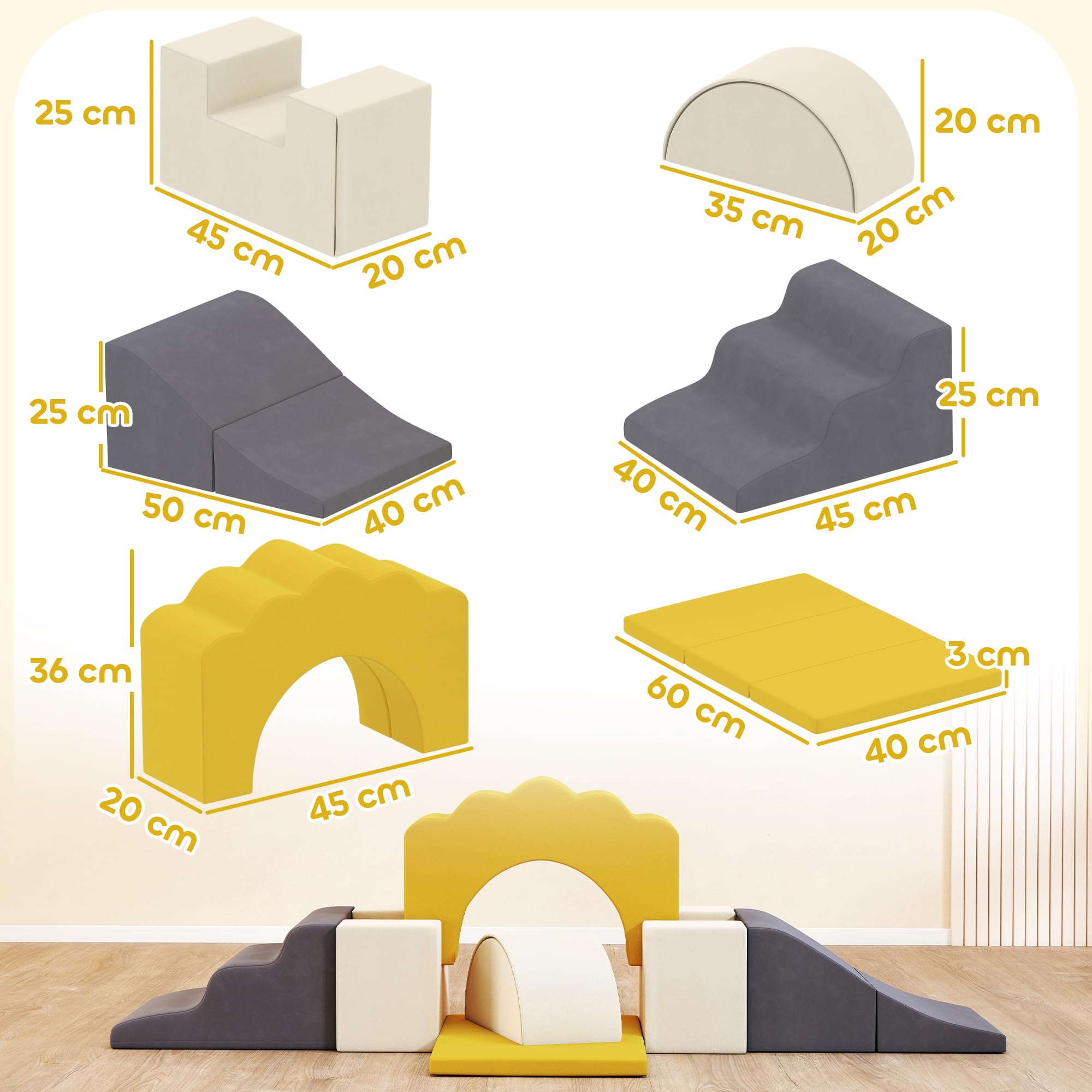 AIYAPLAY Parcours motricité bébé modulable, Blocs Mousse éducatifs, 7 pièces avec Housse Lavable en Velours, Base antidérapante, Jeu de motricité intérieure pour Enfants 6 Mois à 3 Ans, Jaune