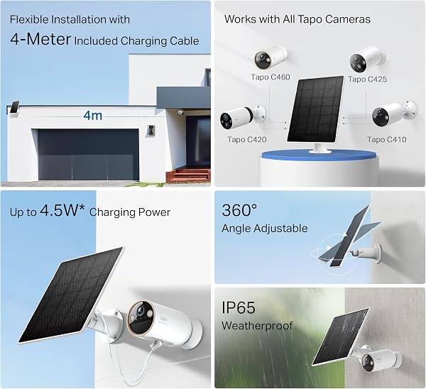 Tapo A202 Solarpanel, Kompatibel mit Allen Tapo-Akkukameras, 4m Typ-C Verlängerungsladekabel, 5V 4,5W, IP65 Wasserdicht, frei Einstellbarer Winkel, USB-C auf Micro-USB Adapter enthalten - 4
