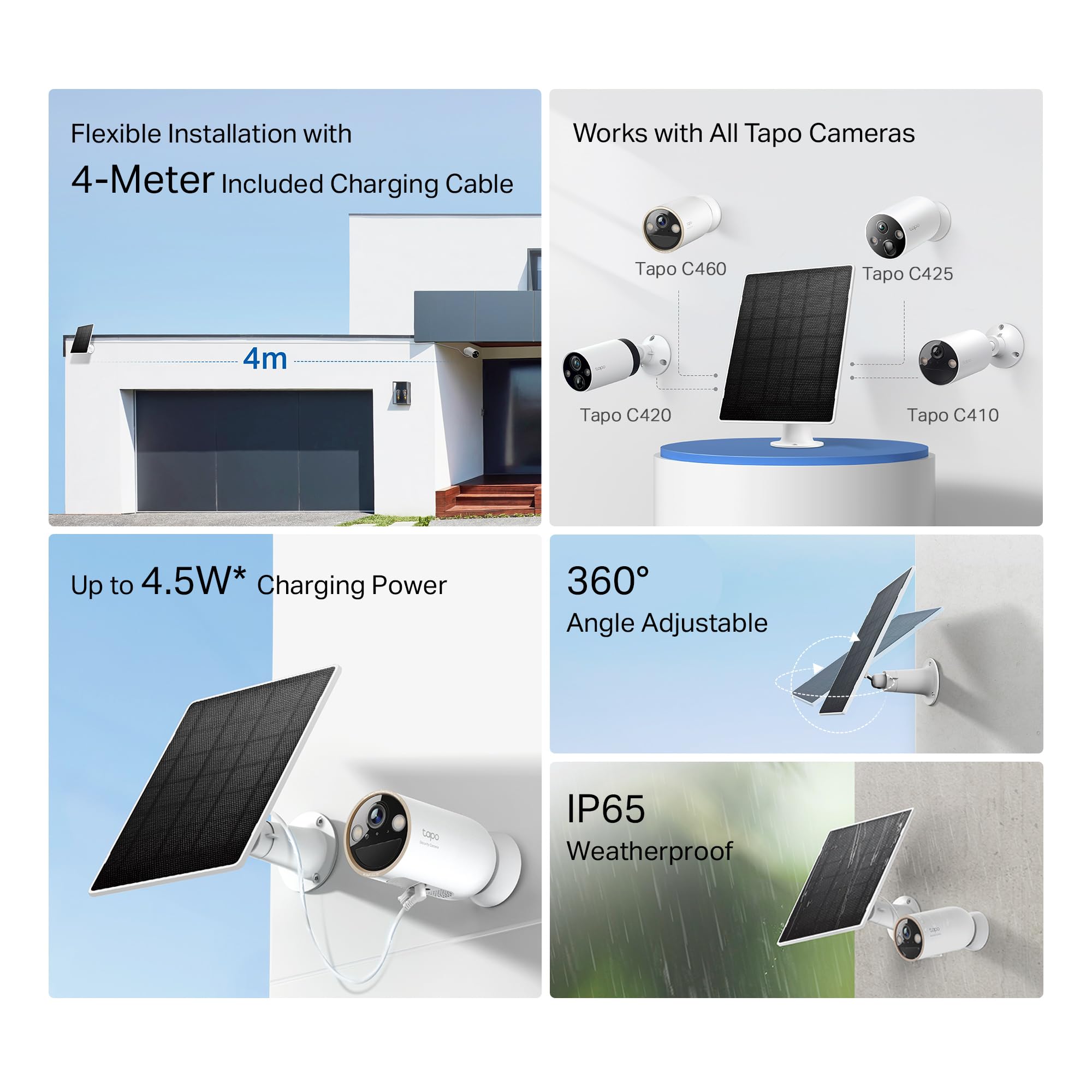 Tapo A202 Solarpanel, Kompatibel mit Allen Tapo-Akkukameras, 4m Typ-C Verlängerungsladekabel, 5V 4,5W, IP65 Wasserdicht, frei Einstellbarer Winkel, USB-C auf Micro-USB Adapter enthalten