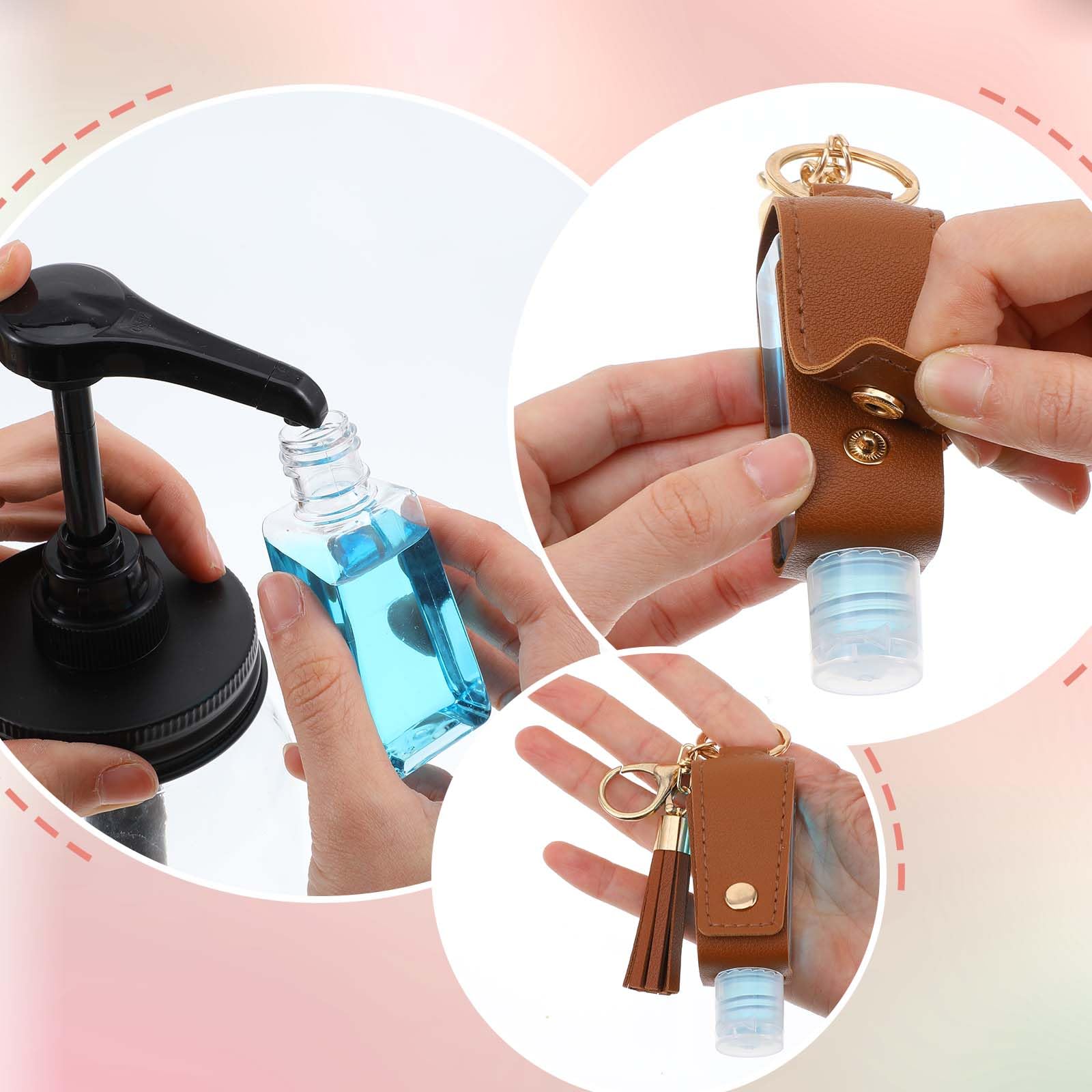 oruola 3 Pcs Hand Sanitiser with Clip,30 ml Hand Sanitiser Keyring,Mini Hands Sanitizer Keychain for Travel Lotion Liquid Soap Shampoo (Black Pink Brown) - Image 2