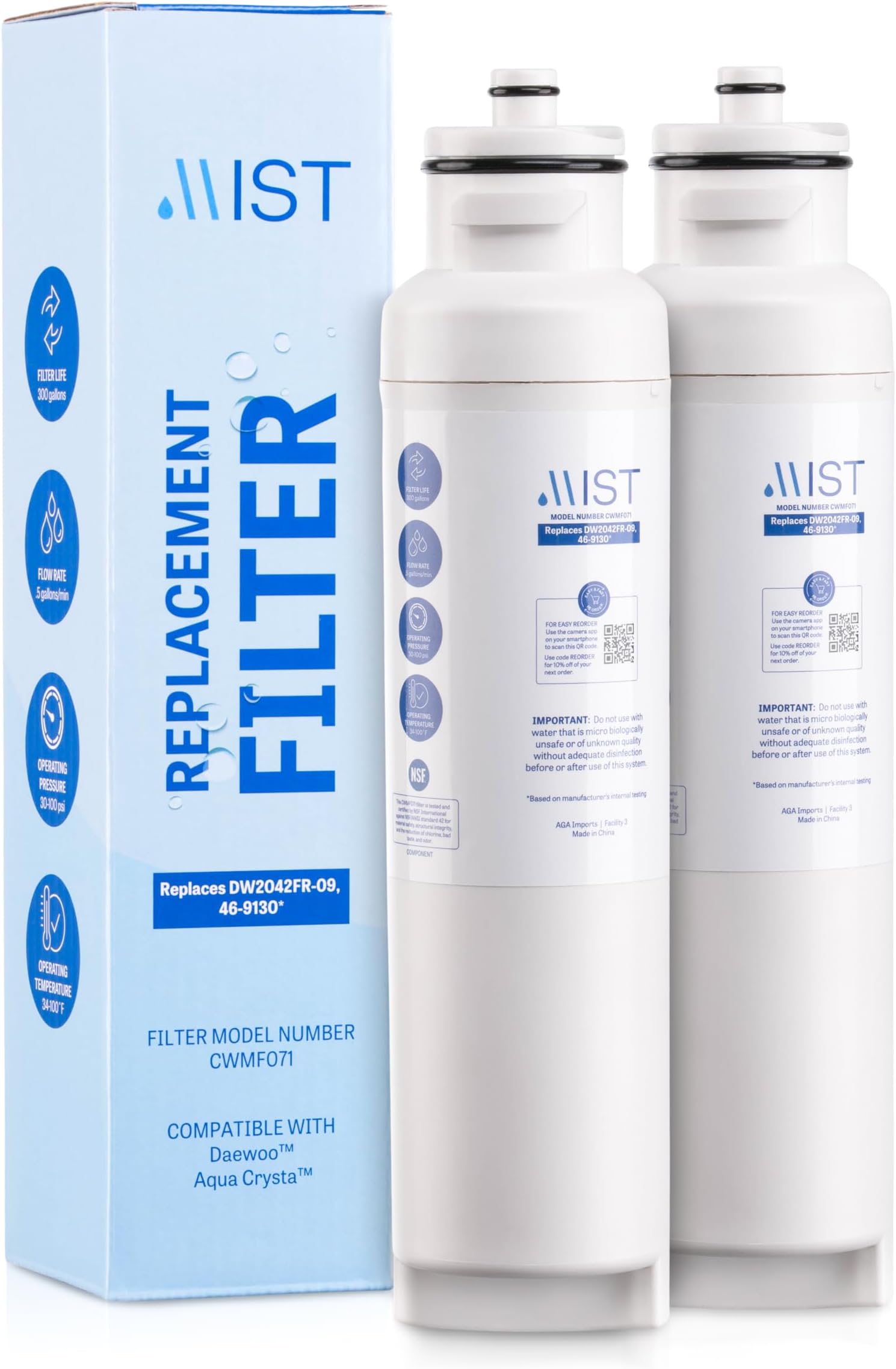 Mist DW2042FR-09 Water Filter Replacement for Daewoo, Refrigerator Water Filter Compatible with DW2042FR, Aqua Crystal DW2042F-09, Kenmore 46-9130. NSF Certified. Daewoo Water filter (2 pack)