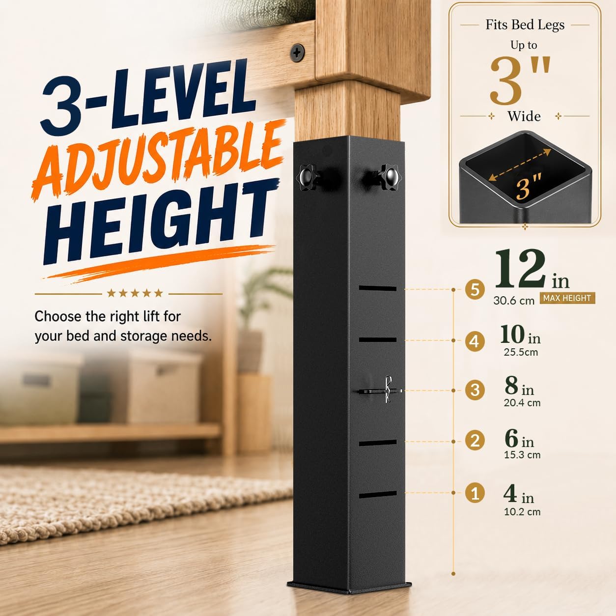 Metal Bed Risers for Dorm, 5-Level Adjustable Bed Risers Heavy Duty | Extra Tall Dorm Bed Extenders Rise 4/6/8/10/12 in for Twin XL Bed, Fits Legs Up to 3'' Wide, Thickened Steel Widened Base