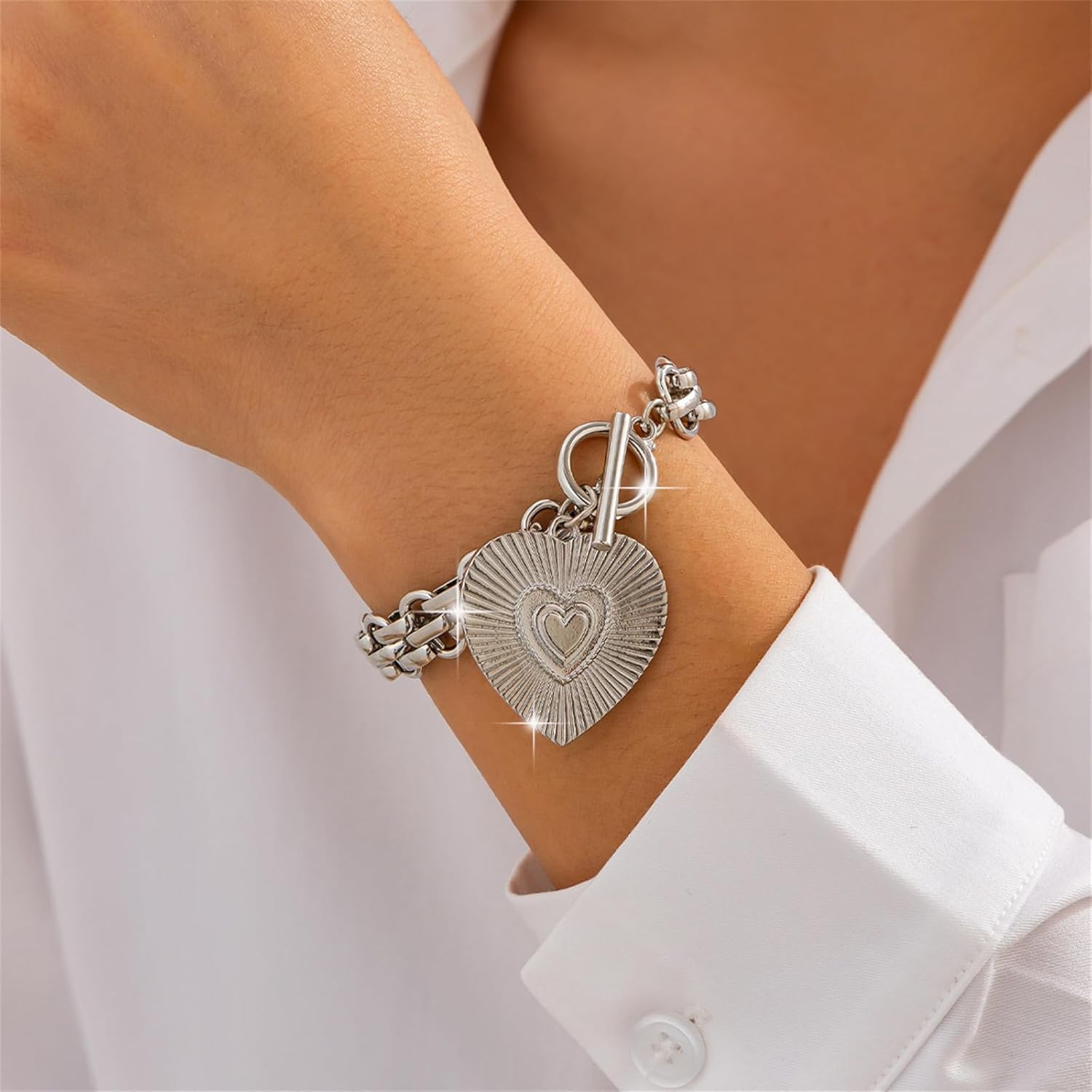 Charm Cross Heart Bracelet for Women,Punk Chunky Cross Religious Bracelets Vintage Love Pendant Link Chain OT Clasp Christian Jewelry - Image 4