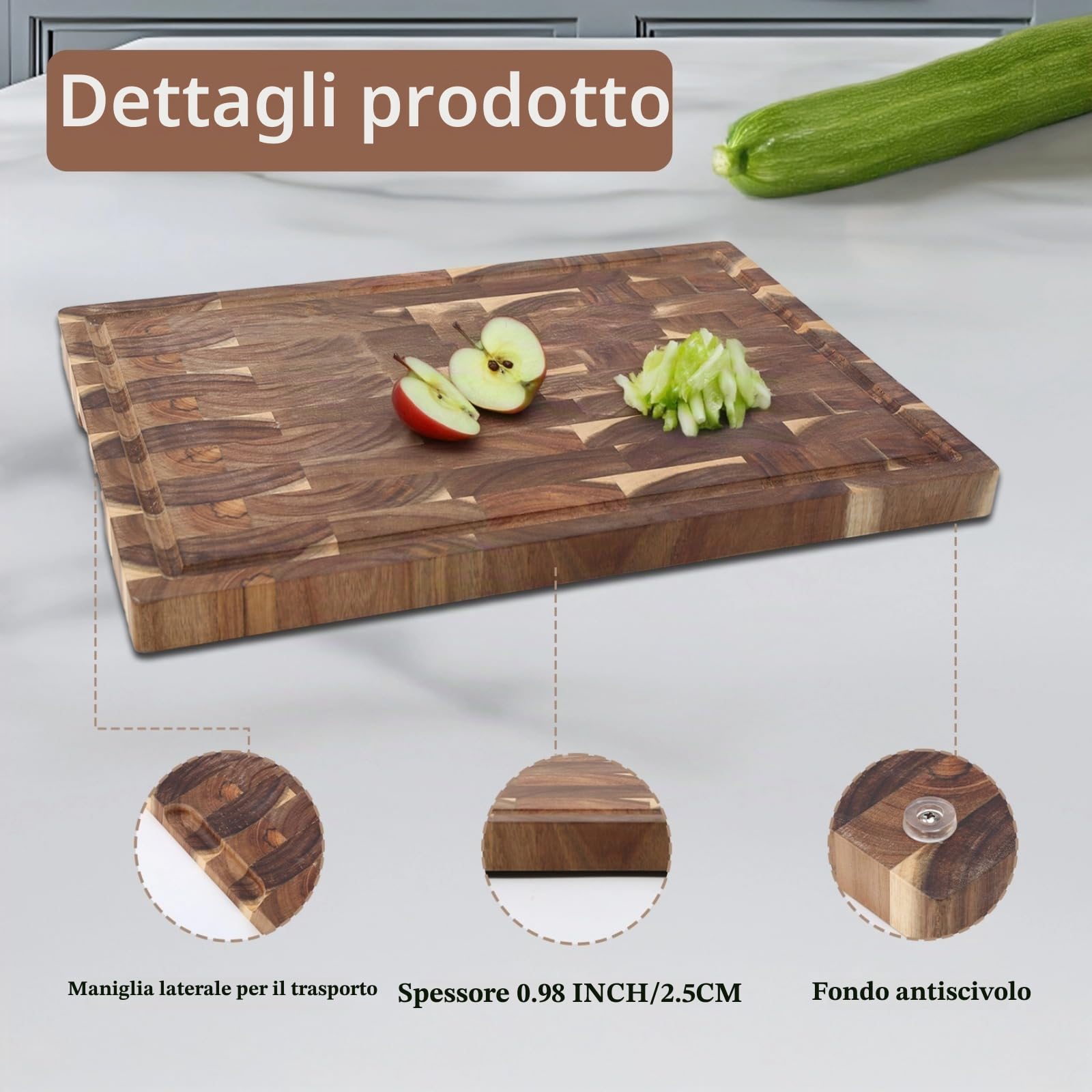 Tagliere in Legno di Acacia 40 × 30 × 4 Cm | Ampia Superficie, Piedini Antiscivolo E Maniglie Integrate, Delicato Sulle Lame E Ideale Per Servire