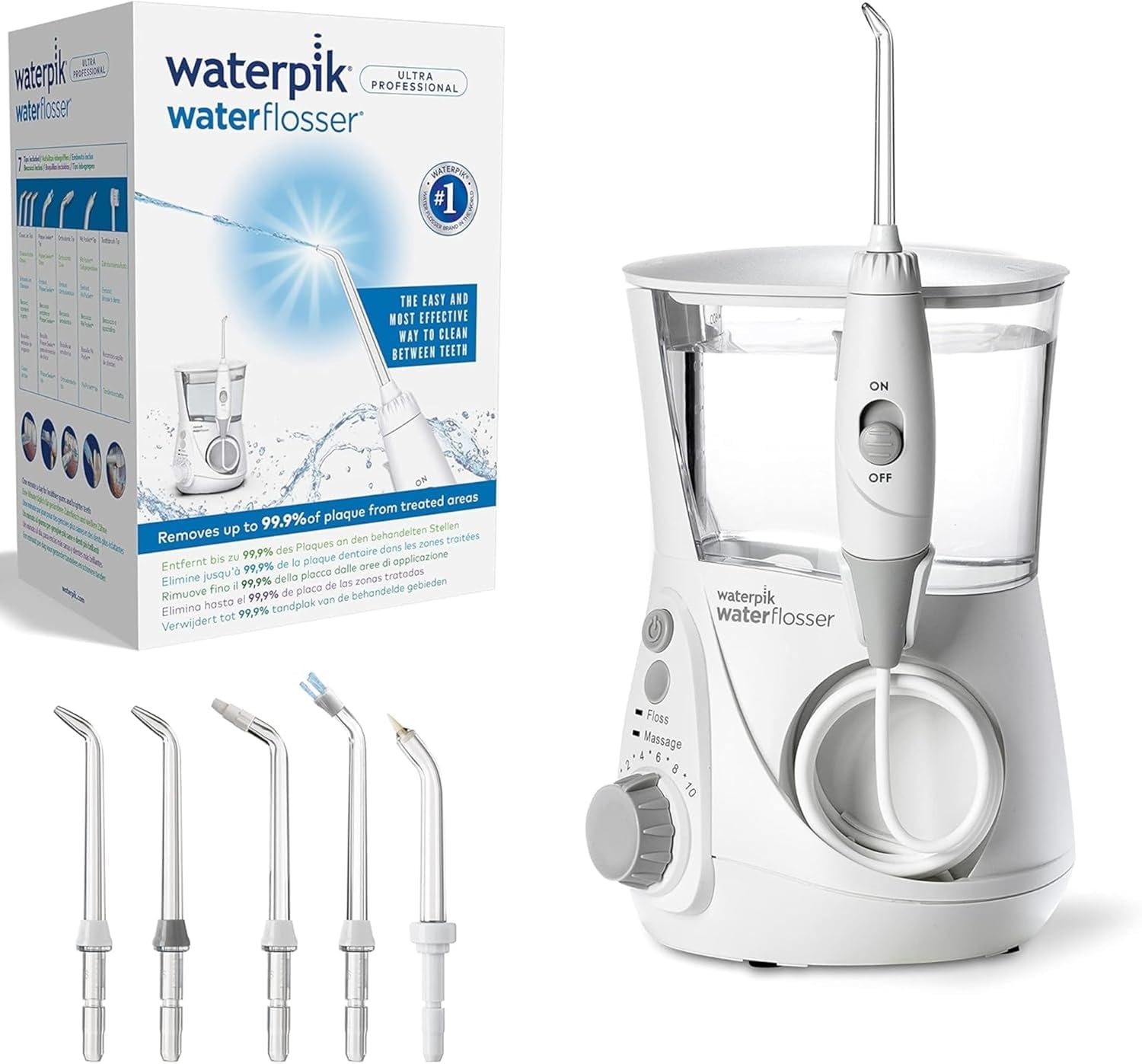 Waterpik Ultra Irrigador Dental Sobremesa Profesional con Agua a Presión y Sistema Avanzado de Control de Presión Mediante 10 Posiciones con 6 Boquillas, Eliminación de Placa Dental, Blanco (WP-660EU)