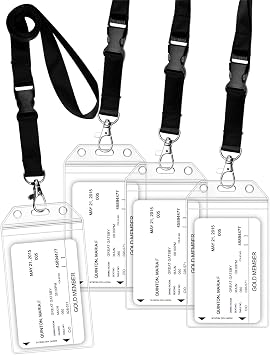 GreatShield 4 Pack ID Badge Holder with Lanyard and Detachable Quick Buckle | Clear ID Vertical Card Holder, Weather Resistant PVC Name Tag with Resealable Zip for Cruise, Ships, Travel, School, Office