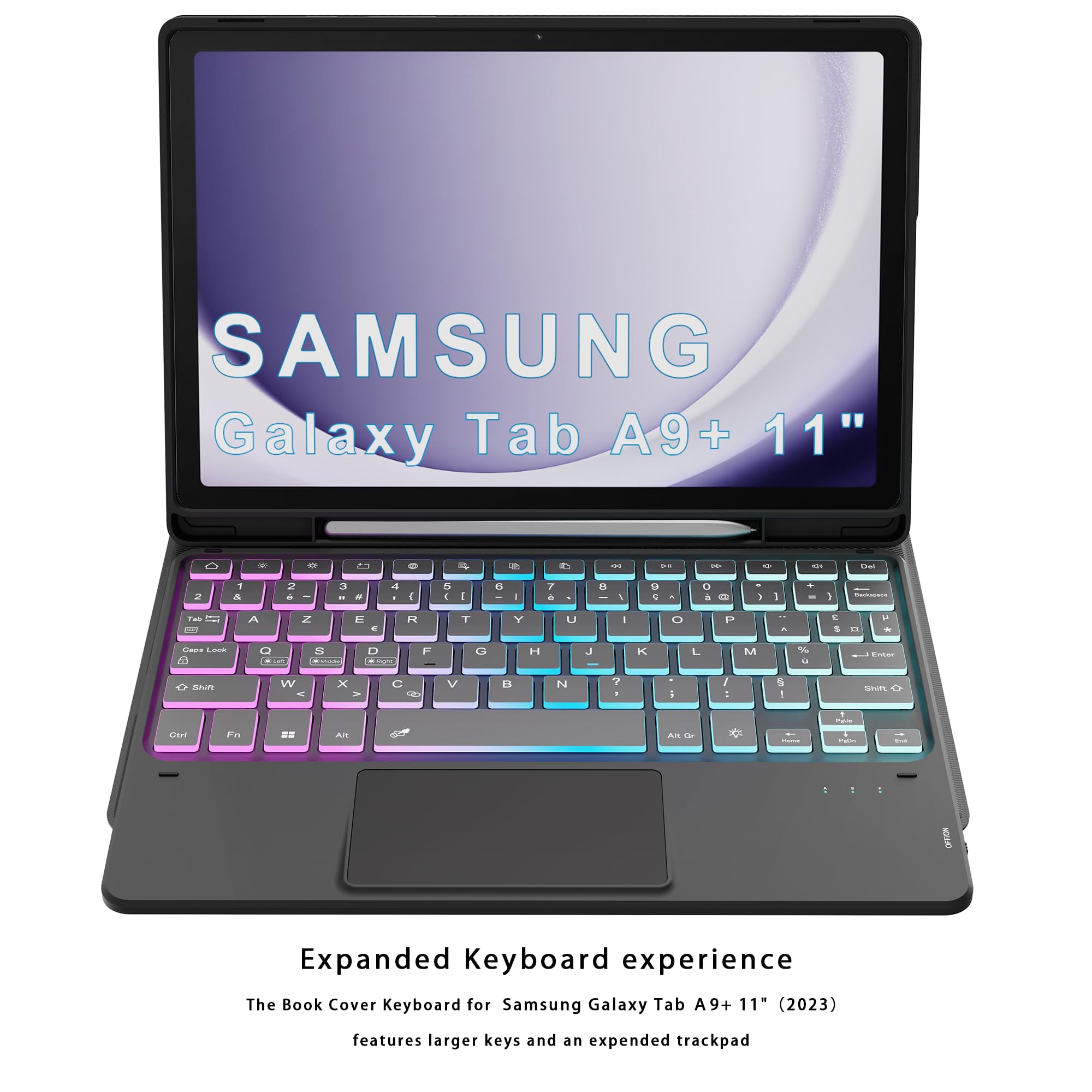 pour Samsung Galaxy Tab A9+ 11 pouces Étui avec clavier détachable - français AZERTY, Clavier rétroéclairé 3 zones 7 couleurs DIY avec pavé tactile - Étui clavier pour Galaxy Tab A9 Plus 11" 2023