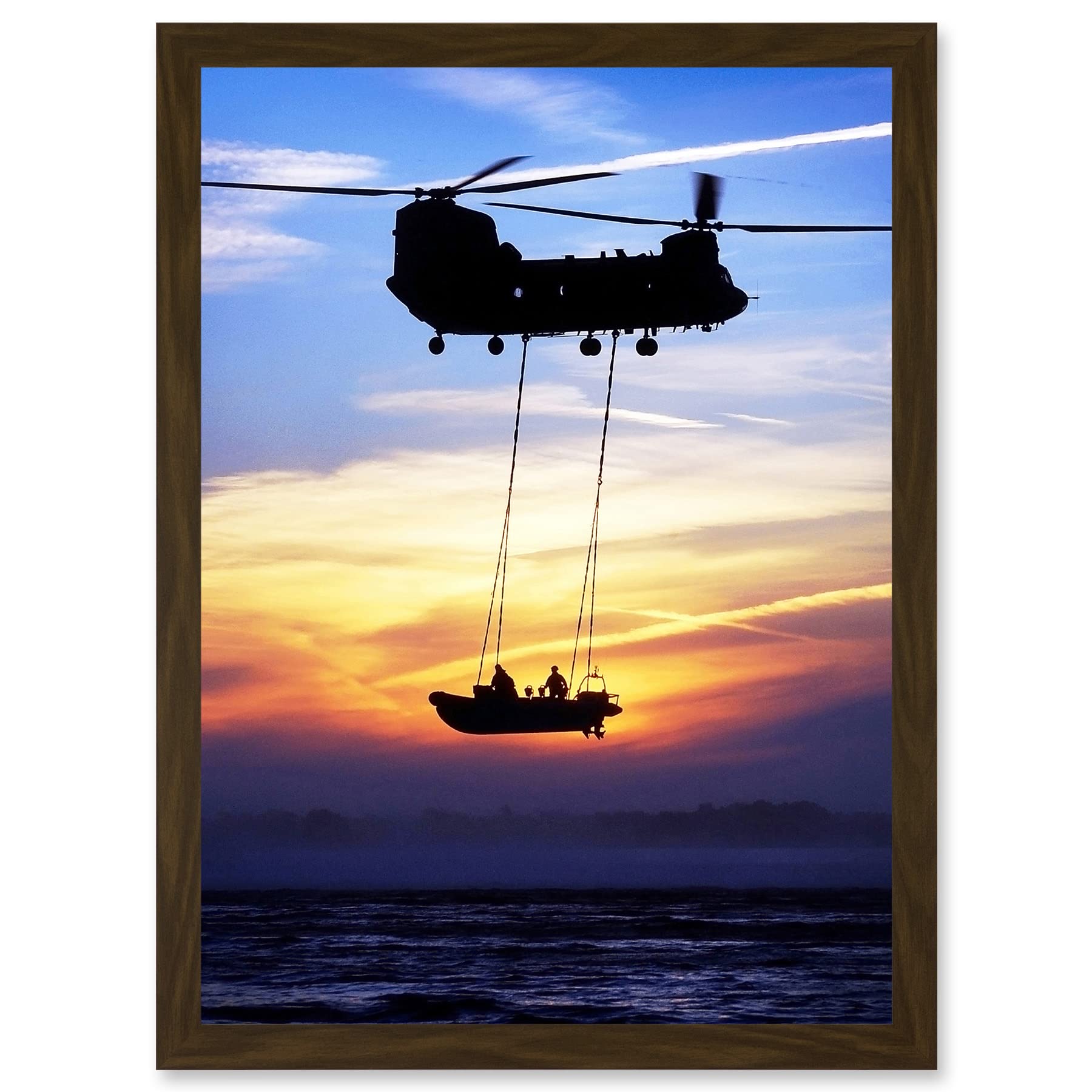 Artery8 Military UK British Chinook Helicopter Royal Marines Artwork Framed Wall Art Print A4