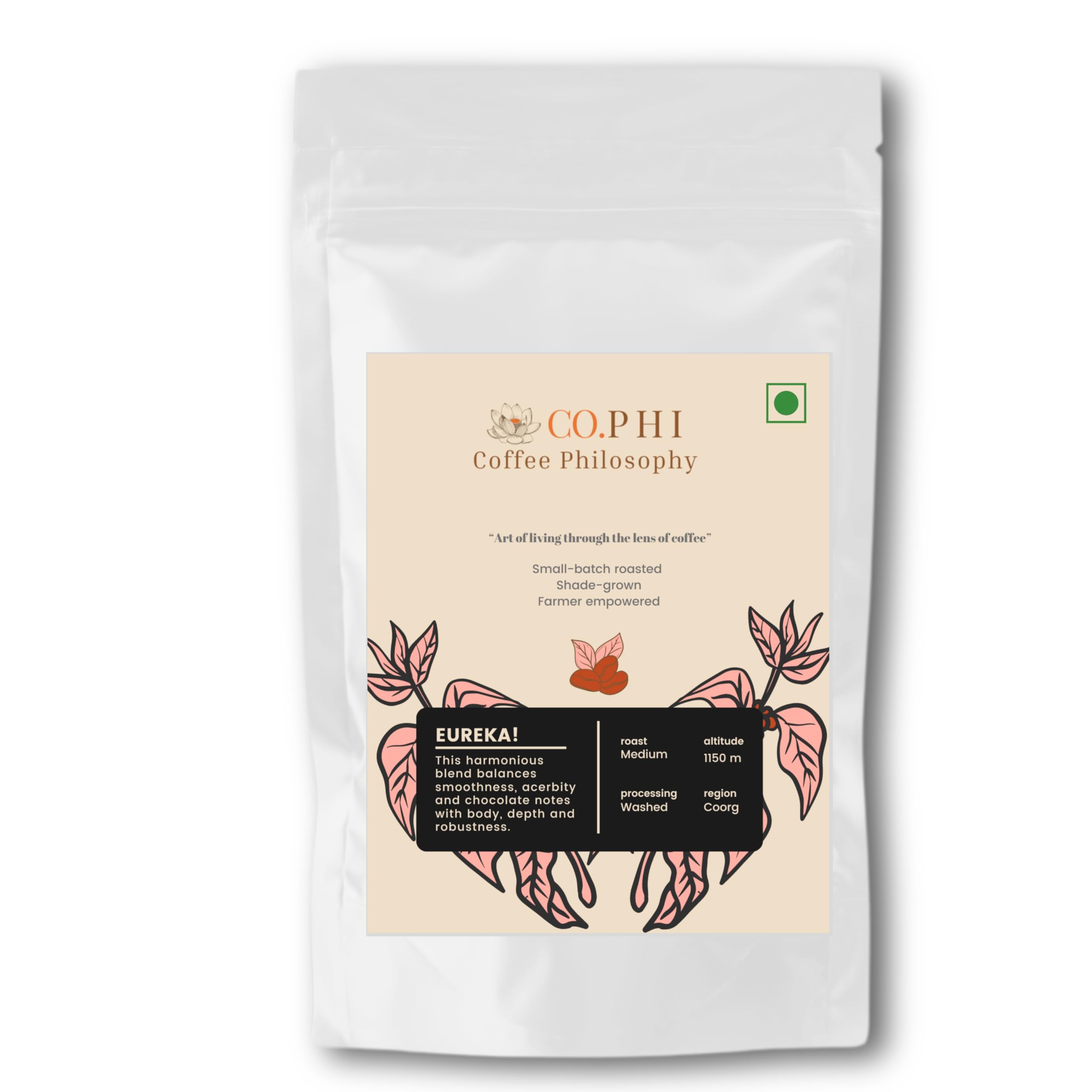 COPHI Coffee Philosophy Eureka (250g) Aeropress Coffee Powder, Medium Roast, Arabica Robusta Blend, Coorg Specialty Ground Coffee, Washed Process, Chicory Free, Shade Grown, Makes 15 Cups