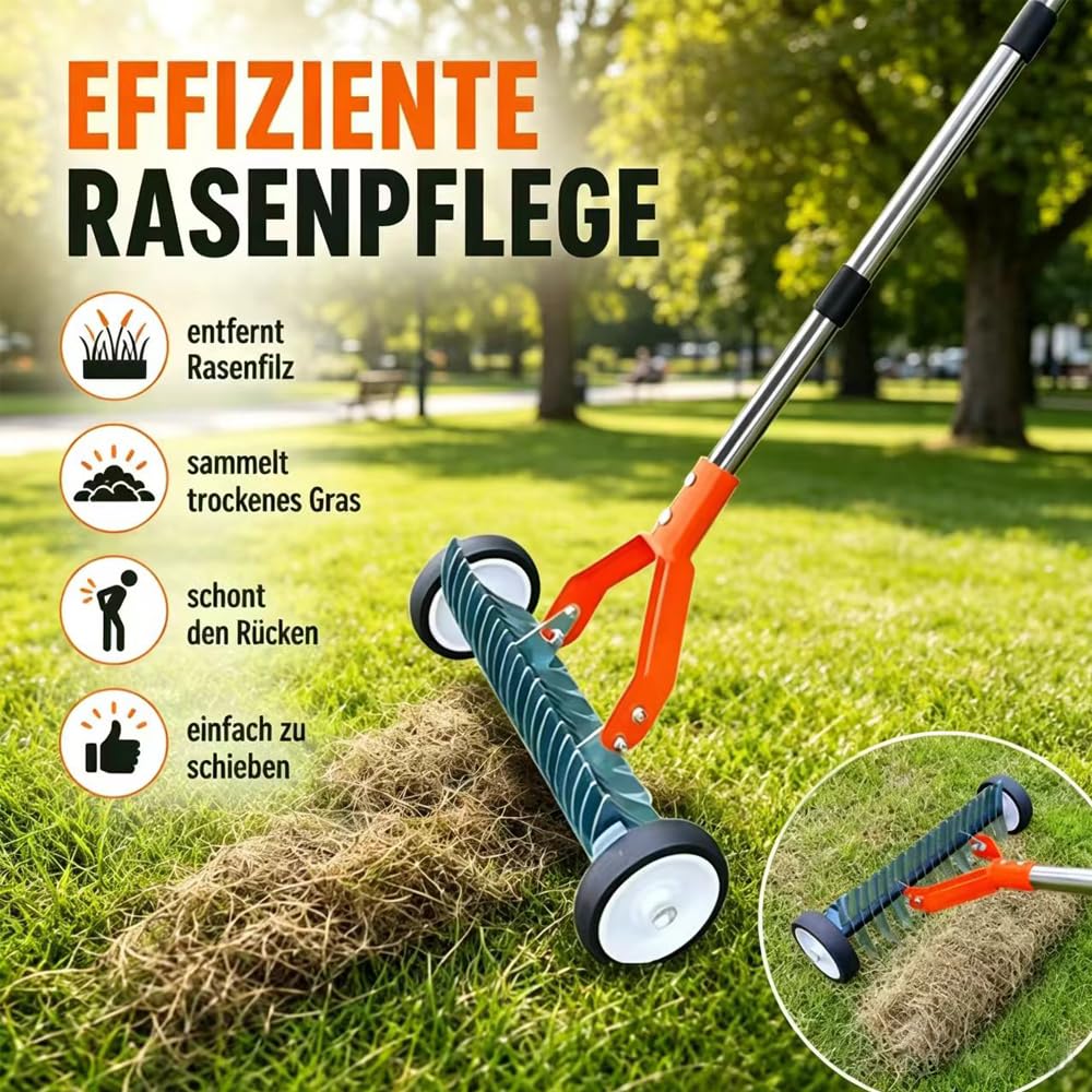 Escarificador Manual con Ruedas, Escarificador Cesped Manual con Mango de 165 cm Ajustable, con Bolsa para Residuos de Jardín, para Eliminar Hierba Muerta, Aflojar el Suelo