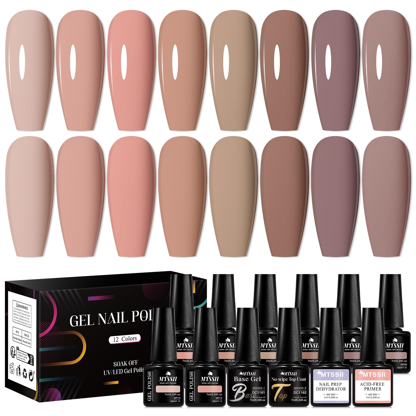 MTSSII Nude Brown Gel Nail Polish Set 8 Colors Skin Tones Khaki Neutral Nude Pink Nail Gel Polish with Base Top Coat, Nail Dehydrator and Primer Soak