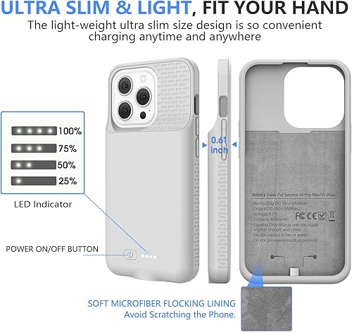 Miniatura 4 de GIN FOXI Funda de batería para iPhone 15 Pro Max15 Plus, 15 W de carga rápida real de 8000 mAh, funda de carga de batería ultradelgada, funda de