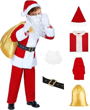 Kids Santa Costume Suit for Boys Christmas 6PCS Set with Faux Fur Trim Red Velvet Santa Suit for Christmas