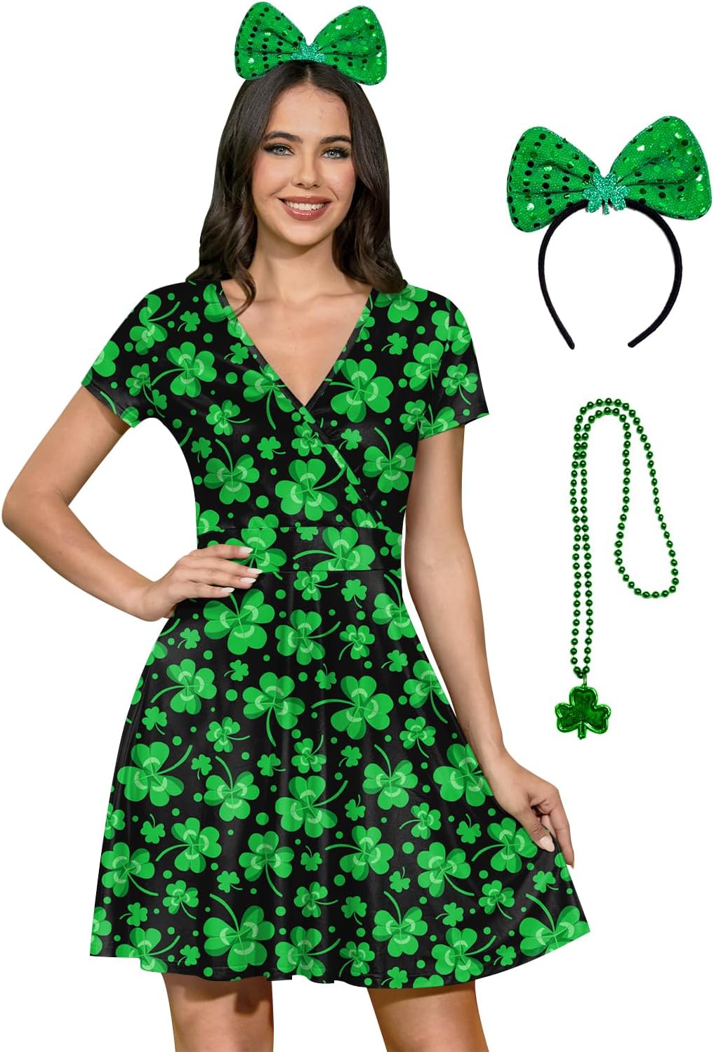 For G and PL 3 Pcs St. Patrick's Day Women's Short Sleeve Dress Sets V Neck Green Bow Headband Clover Necklace Costumes