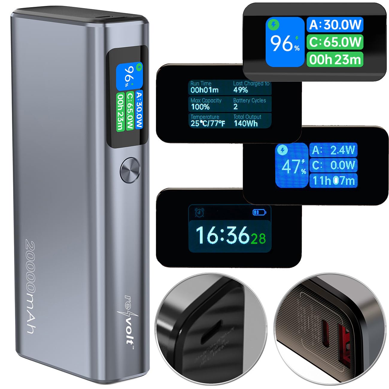 revolt Power Bank USB-C 20000 mAh 130 W con display OLED a colori, PD 100 W, grigio scuro