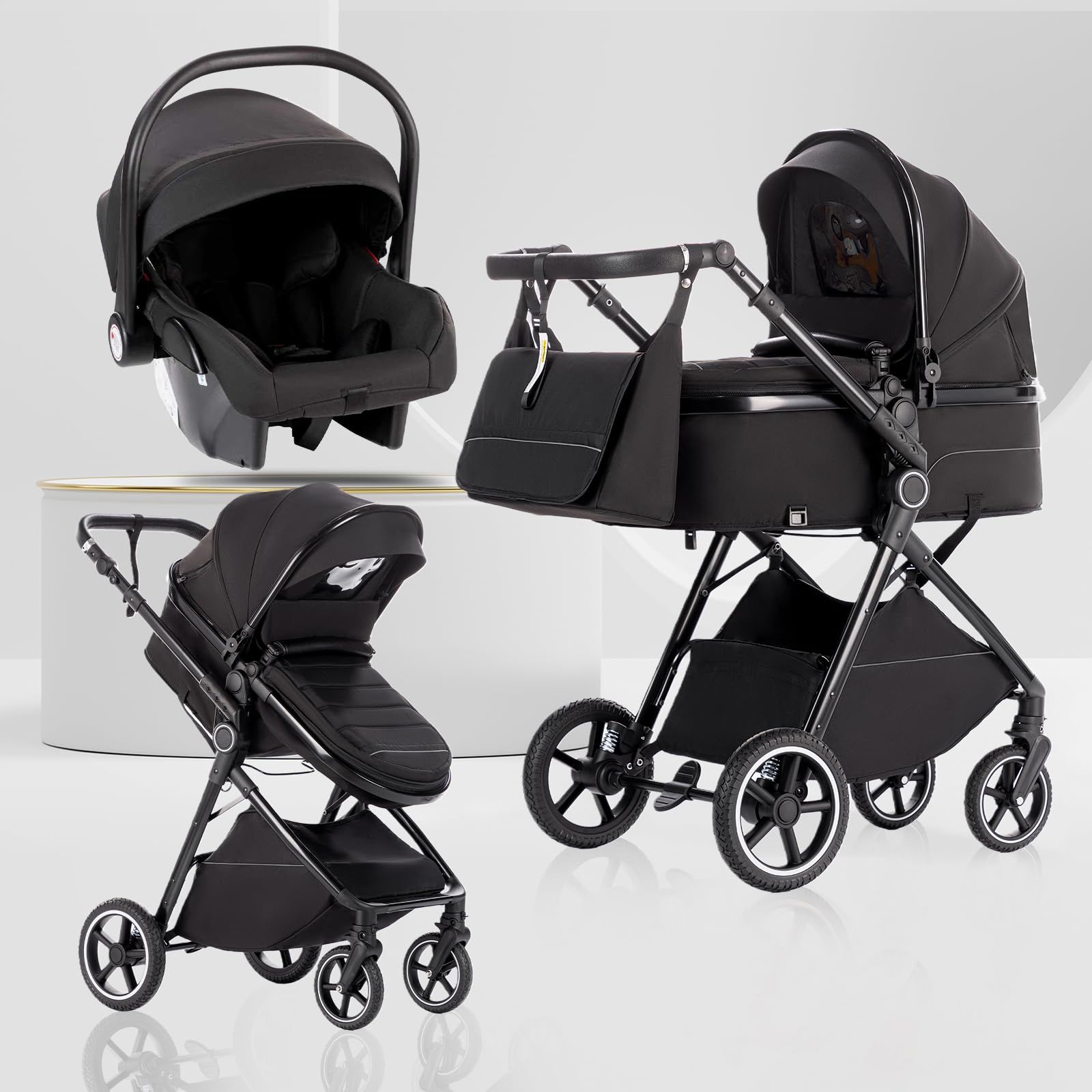 Passeggino 3 in 1, Passeggino Compatto con Zanzariera e Copripioggia, Passeggino Leggero Con Maniglia Regolabile, Ruote in PU, Adatto da 0-3 Anni