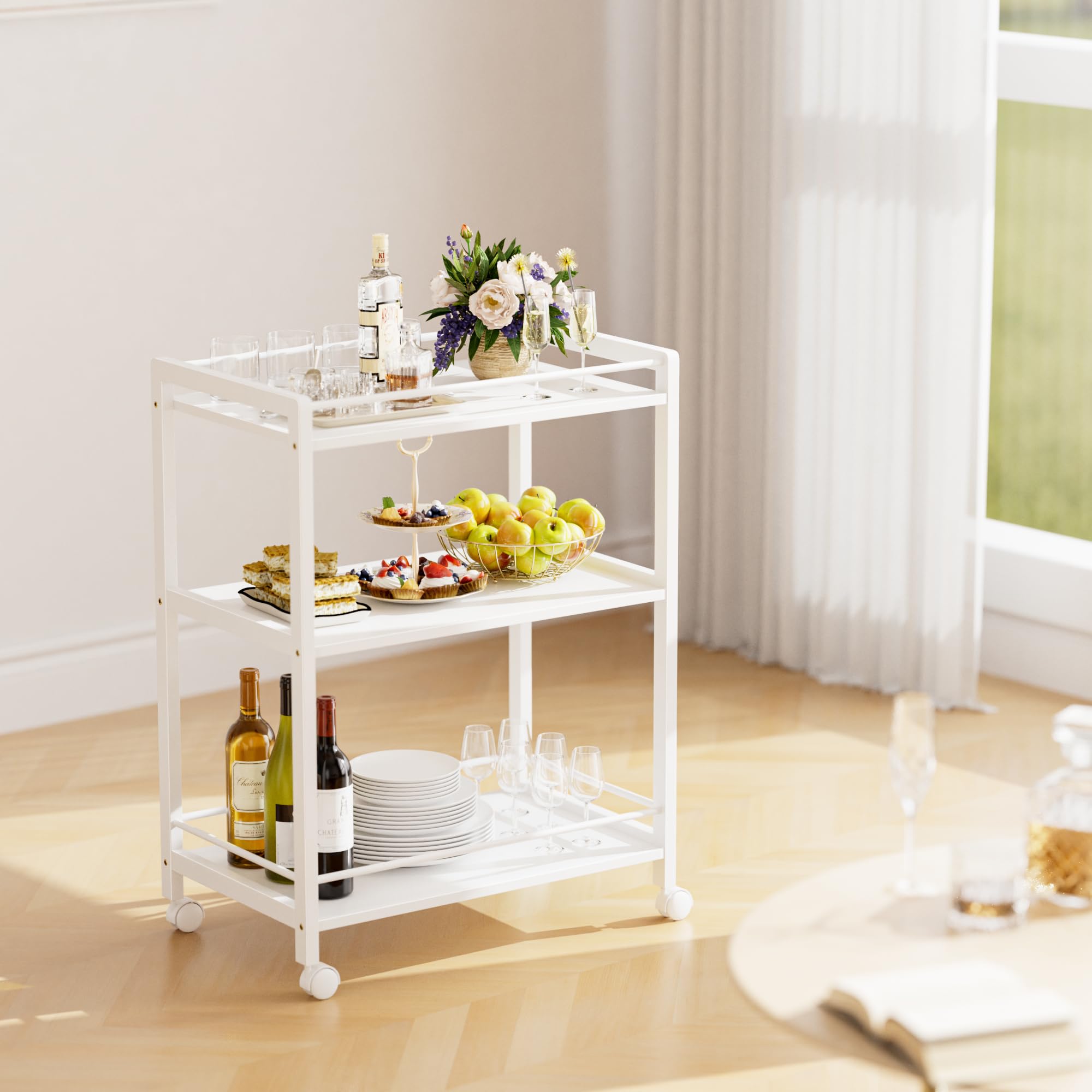 HITNET Chariot de Bar Blanc, Desserte pour Boissons, Chariot de Service à 3 Niveaux sur roulettes, Chariot de Cuisine Roulant pour la fête à la Maison