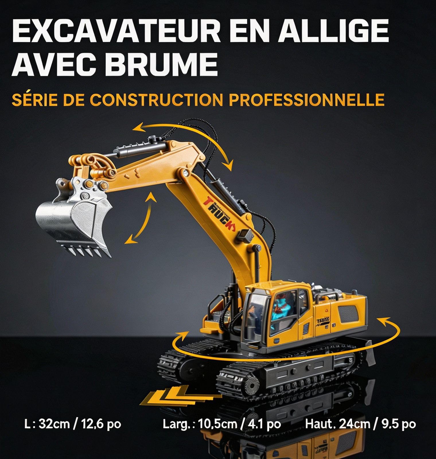 Pelle à télécommande, 1 Canal métal RC Construction véhicule Jouet avec lumières, Son, fumée