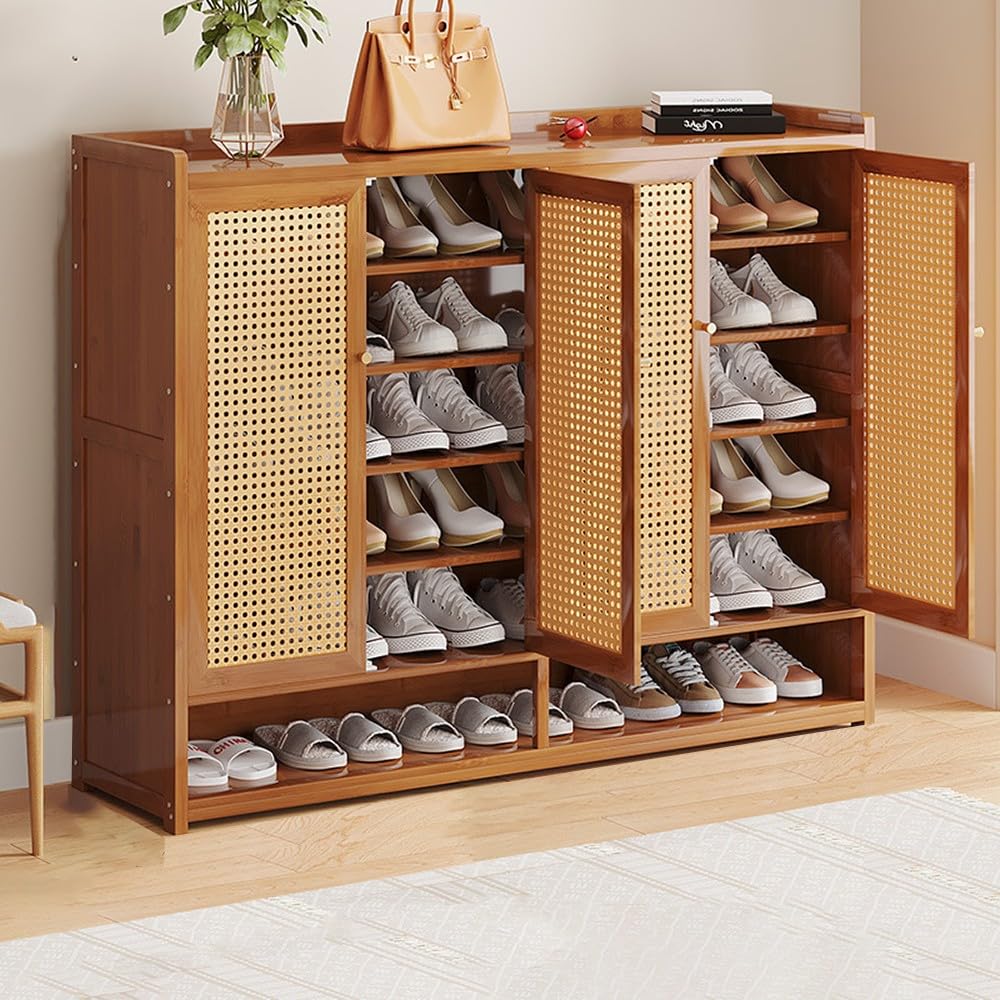 BHGFYXBS Bamboo Rattan Shoe Cabinet With Doors Rustic Oak Sideboard Sto Adjustable Shelves Entryway For Hallway & Home Decor,Brown-120 * 32 * 94 Cm,Brown-120 * 32 * 94 cm