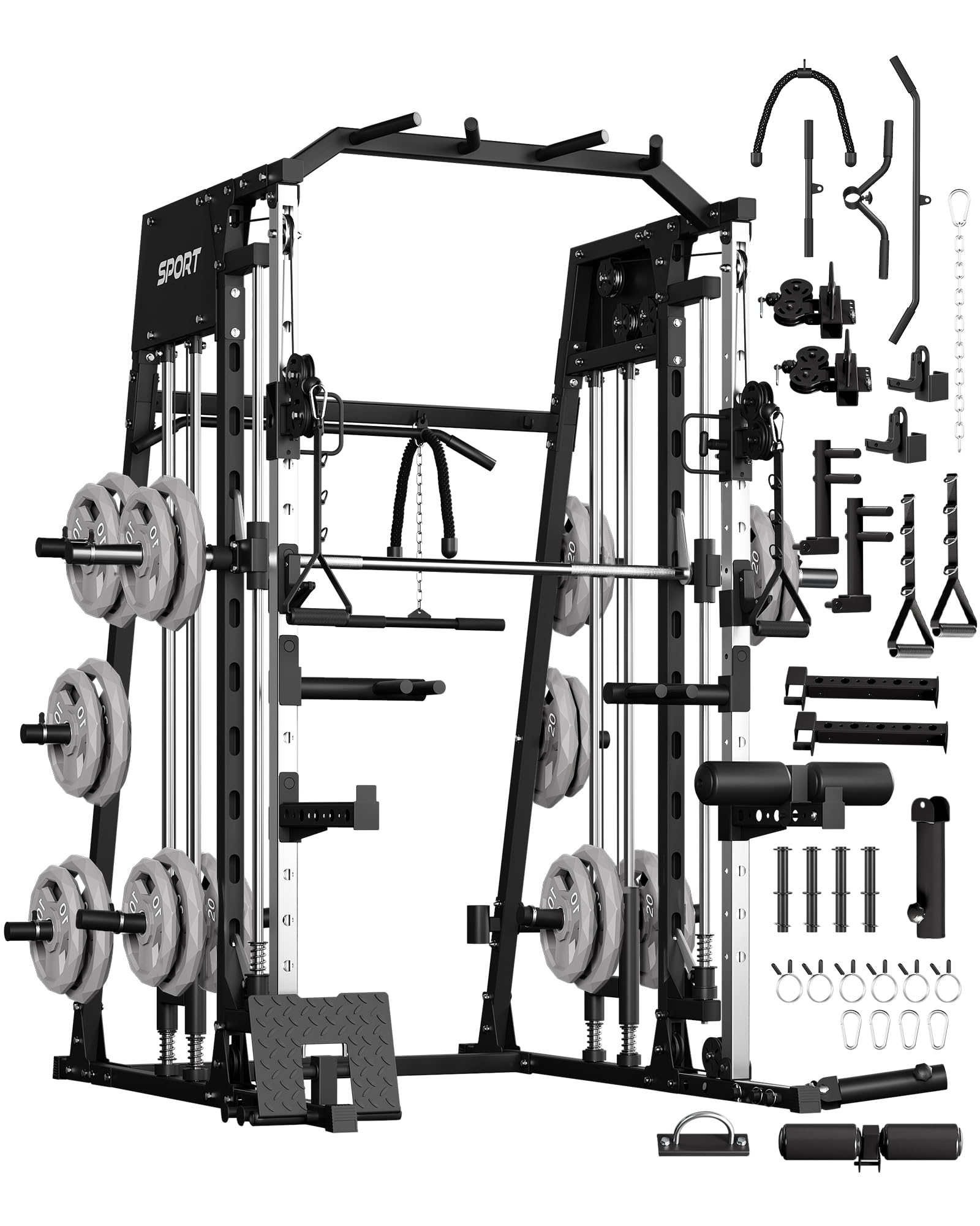 Garveelife Smith Machine Home Gym All in One, 2200LBS Squat Rack Power Cage Workout Equipment with Smith Bar, LAT Pull-Down Systems, Cable 1, Leg Hold-Down and More Attachments