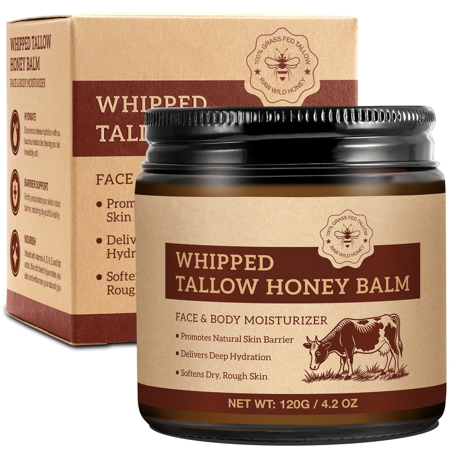 QwsYaay Beef Tallow for Skin, Tallow Face Moisturizer, Tallow and Honey Balm, Grass-Fed Whipped Beef Tallow and Honey Cream, Deeply Moisturizing for