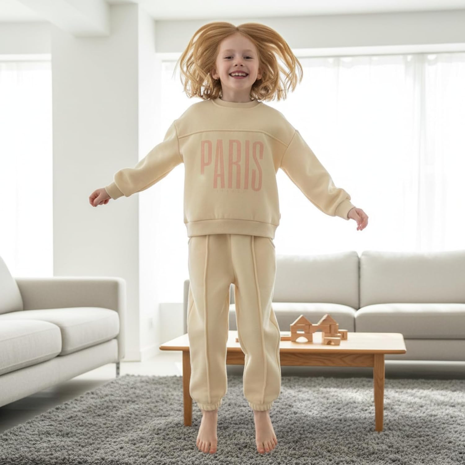 Girls Cozy Fleece Lined Sweatshirt & Sweatpants Set, Long Sleeve Crewneck Pullover Outfit with Pockets for Playwear
