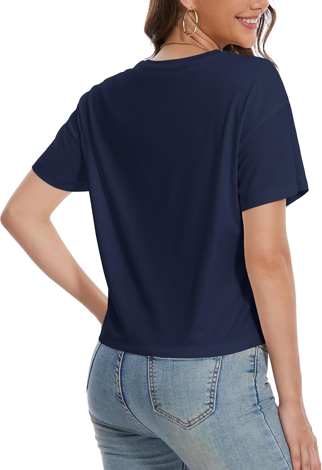 YUCOLEN Women's Crop Tops Summer Short Sleeve Cotton UPF 50+ Round Neck Casual Loose Cropped T-Shirts Solid Basic Tees - Image 2