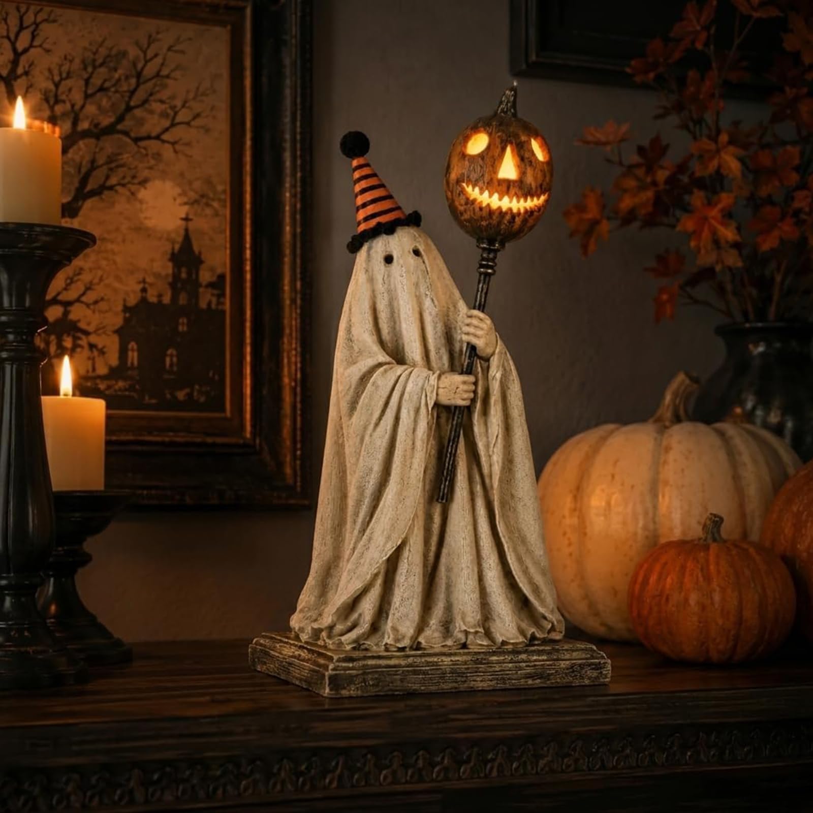 1PCS Lighted Vintage Ghost Figurine with Glowing Pumpkin Staff, Lighted Vintage Ghost Halloween Decor, Cute Spooky Ghosts Statue Tabletop Decor for Mantel Shelf Entryway Table Home Office
