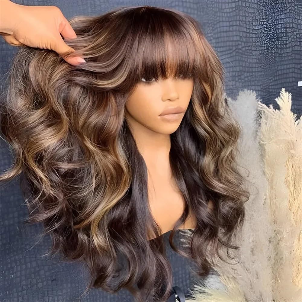 Human Hair Peruka z ludzkimi włosami z grzywką, bez koronki, do noszenia i noszenia, bez kleju, gęstość 180, dla kobiet przedłużanie włosów (22 cali)