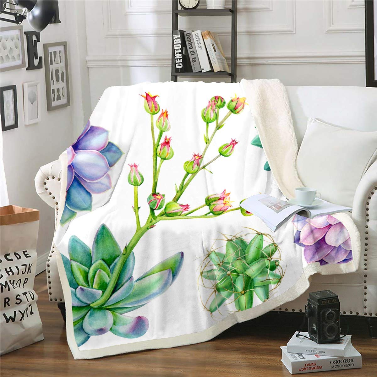 Loussiesd Boho Succulents Fleece Blankets for Kids Girls Adults Botanical Print Blanket Tropical Plants Throw Blanket Blossom Flowers Sherpa Blanket,Room Decor Plush Blankets Double 60"x79"