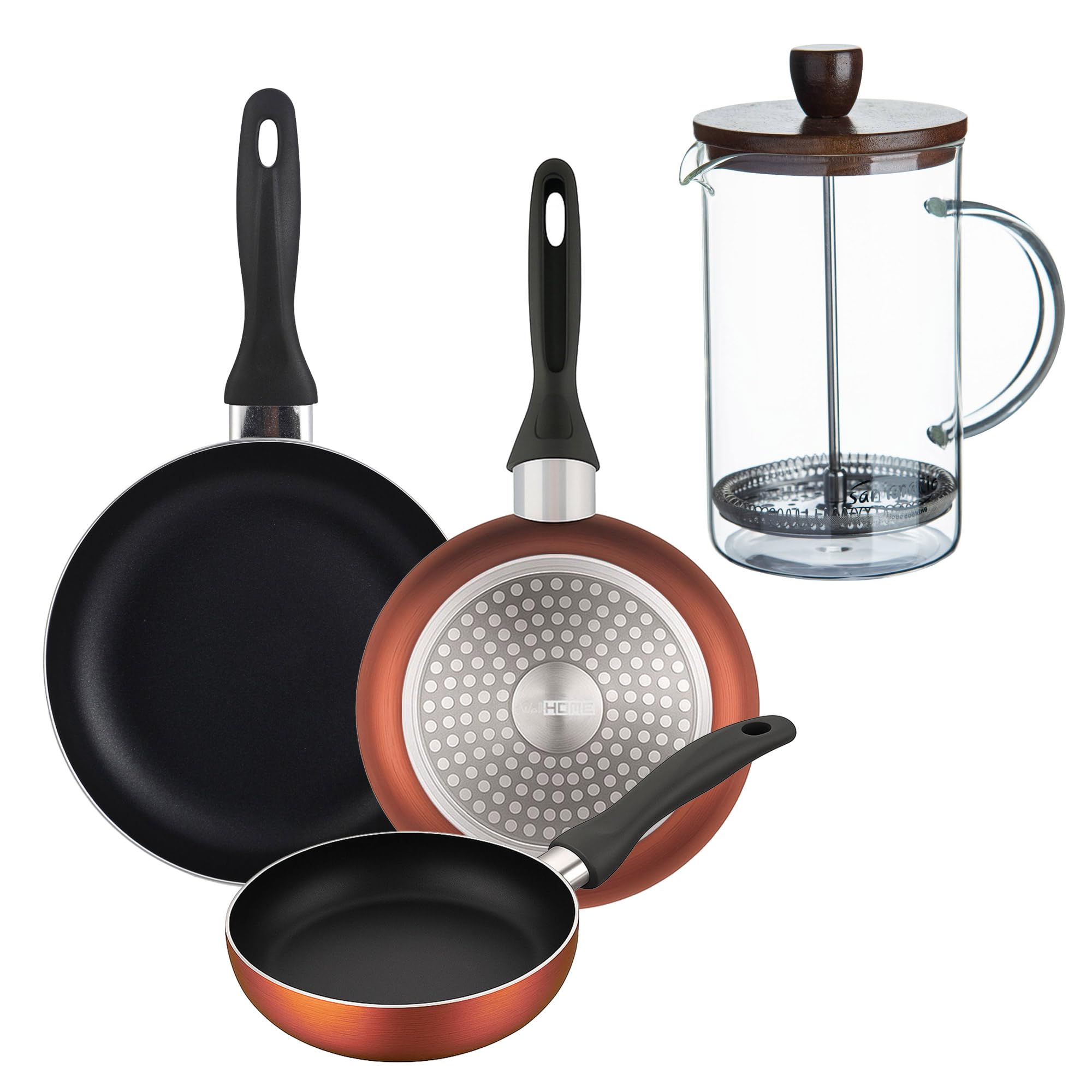 Lot de 3 poêles en aluminium Well Home et cafetière à piston