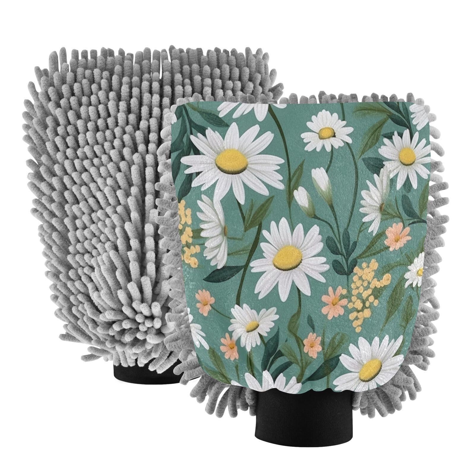 Flradish 2 Pack Daisy Pattern Car Wash Mitt Chenille Microfiber Lint-Free Scratch Free Ultra-Soft Absorbent Car Wash Mitt 10.2x7.09 Inch