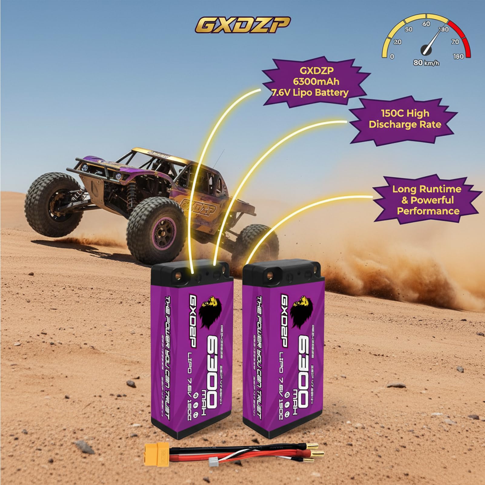 Batteria LiPo 2S da 7,6 V, 6300 mAh, 150 C, custodia rigida XT60, connettore da 5 mm, ad alte prestazioni, per auto, buggy, camion, aereo, barca, confezione da 2 pezzi