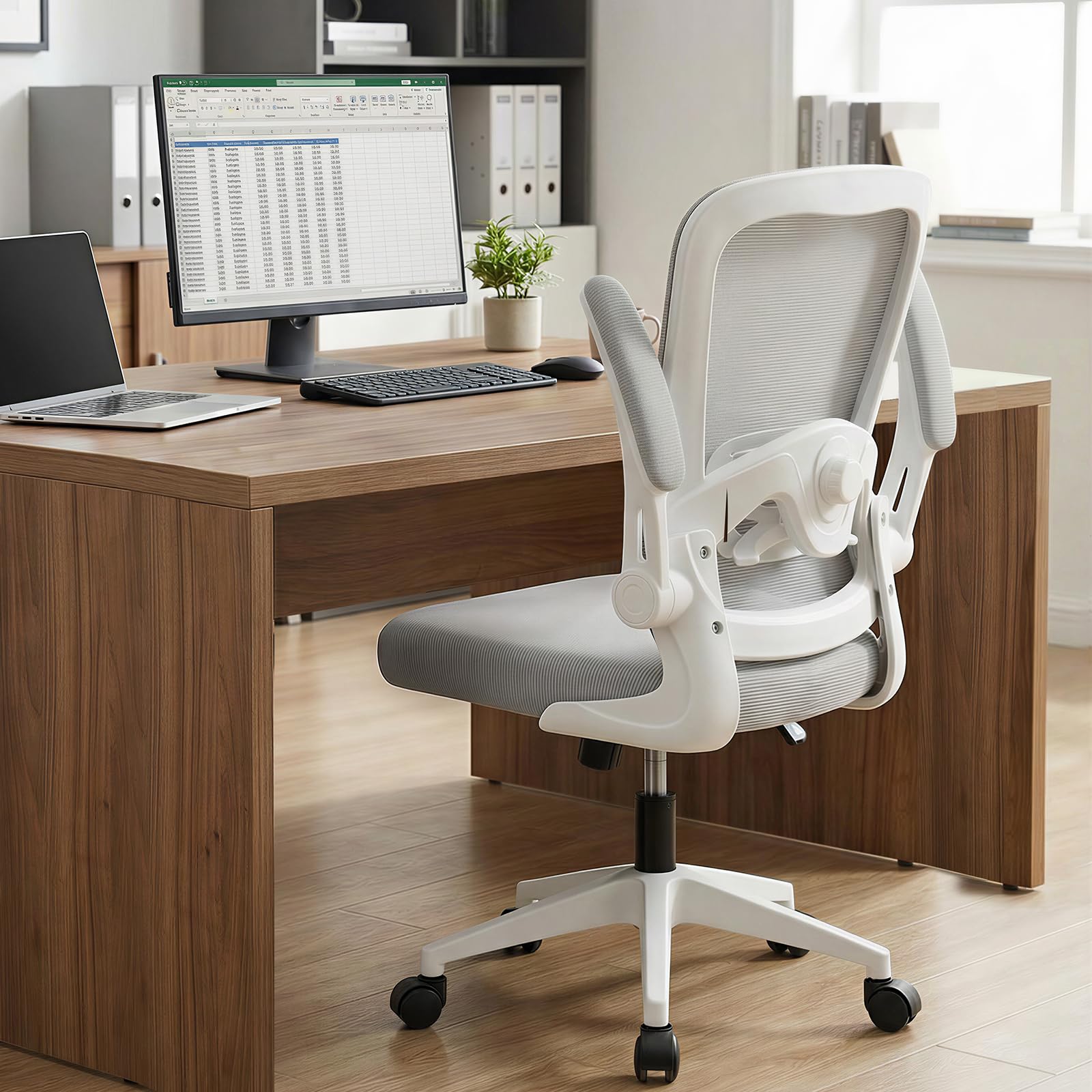 Bürostuhl Ergonomisch mit 4D Verstellbarer Lordosenstütze und Atmungsaktivem Mesh, Ergonomischer Schreibtischstuhl mit 8 cm Formstabilem Sitzpolster, 360° Drehstuhl für Home Office & Büro Weiß