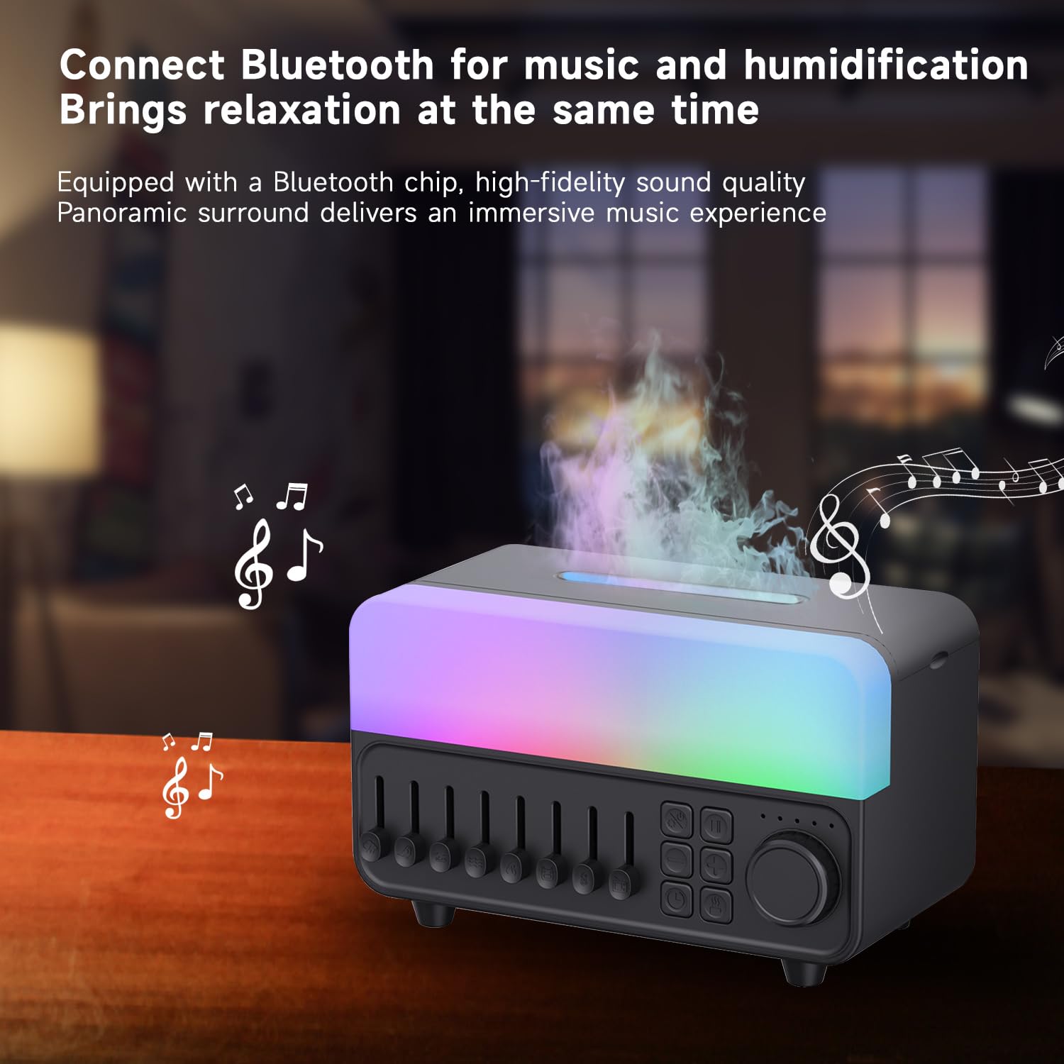 QUMOX A14 Umidificatore con Rumore Bianco, Effetto Fiamma, Speaker Bluetooth e Serbatoio 150ml – Nebulizzazione Ultrasonica, Luce RGB Respirante, Timer 5 Ore, per Camera da Letto e Ufficio Nero