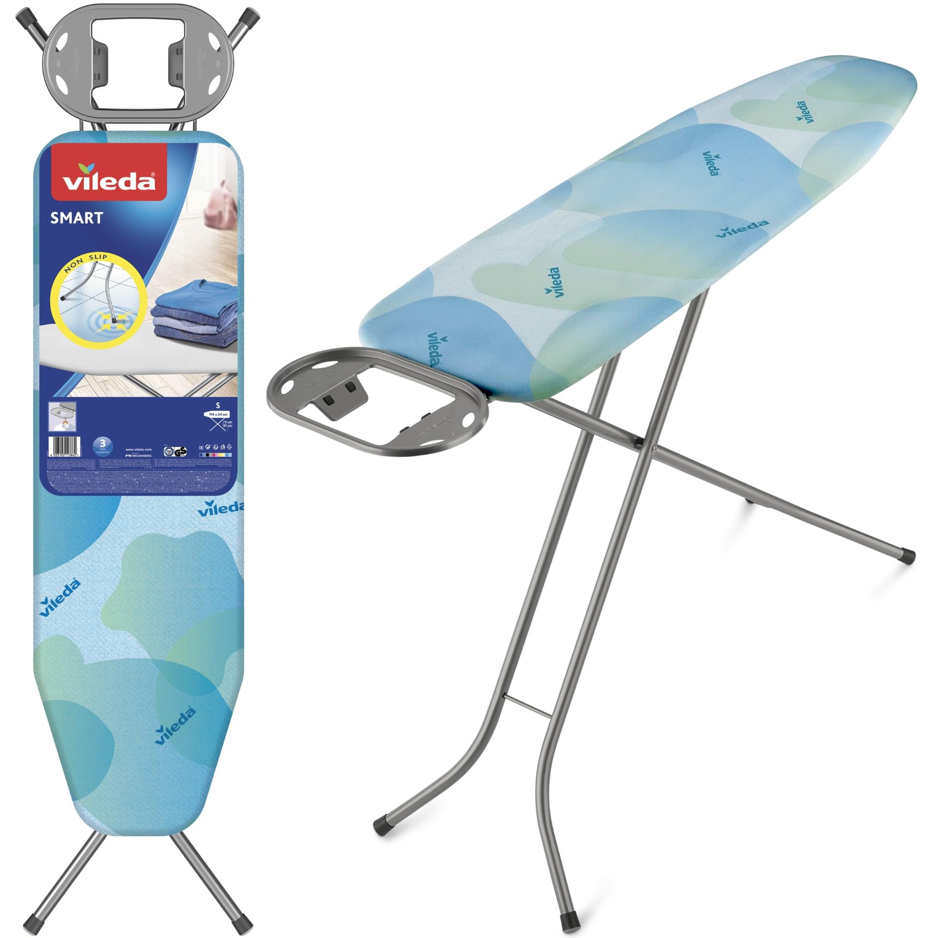 Vileda Tabla de Planchar Smart | Tabla de Planchar compacta | Extra Estable | Altura Ajustable hasta 91 cm | Algodón