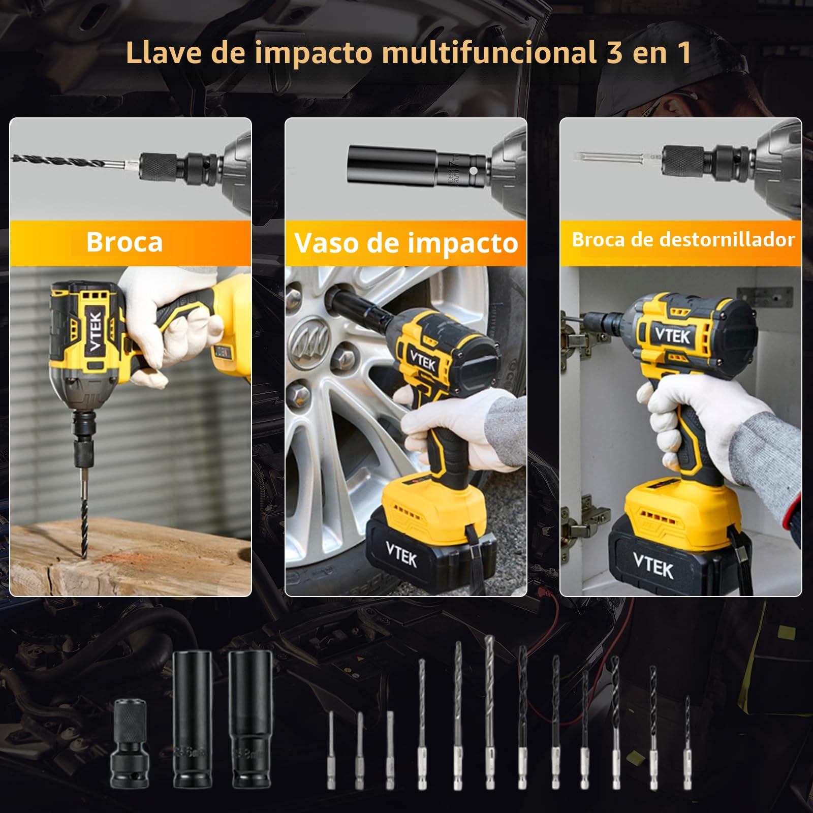 VTEK Llave de impacto inalámbrica sin escobillas,par máximo de 400N.m,llave de impacto eléctrica de 295 pies-libras, portabrocas de 1/2 pulgada