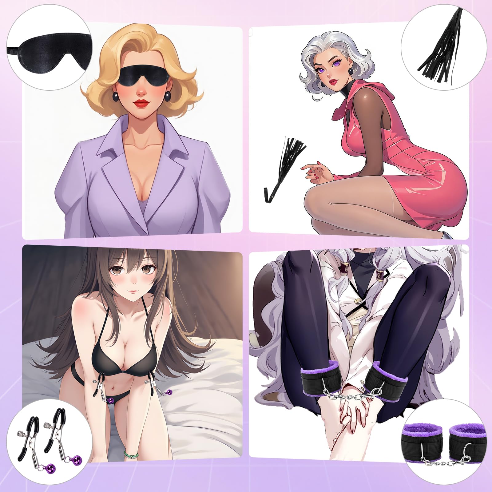 Kit de Bondage kit BDSM 15 pièces, Accessoire Ensemble de Bondage pour Couples Kit de Contention pour Débutants Un Kit Essentiel pour des Moments Intimes entre Hommes et Femmes.Violet
