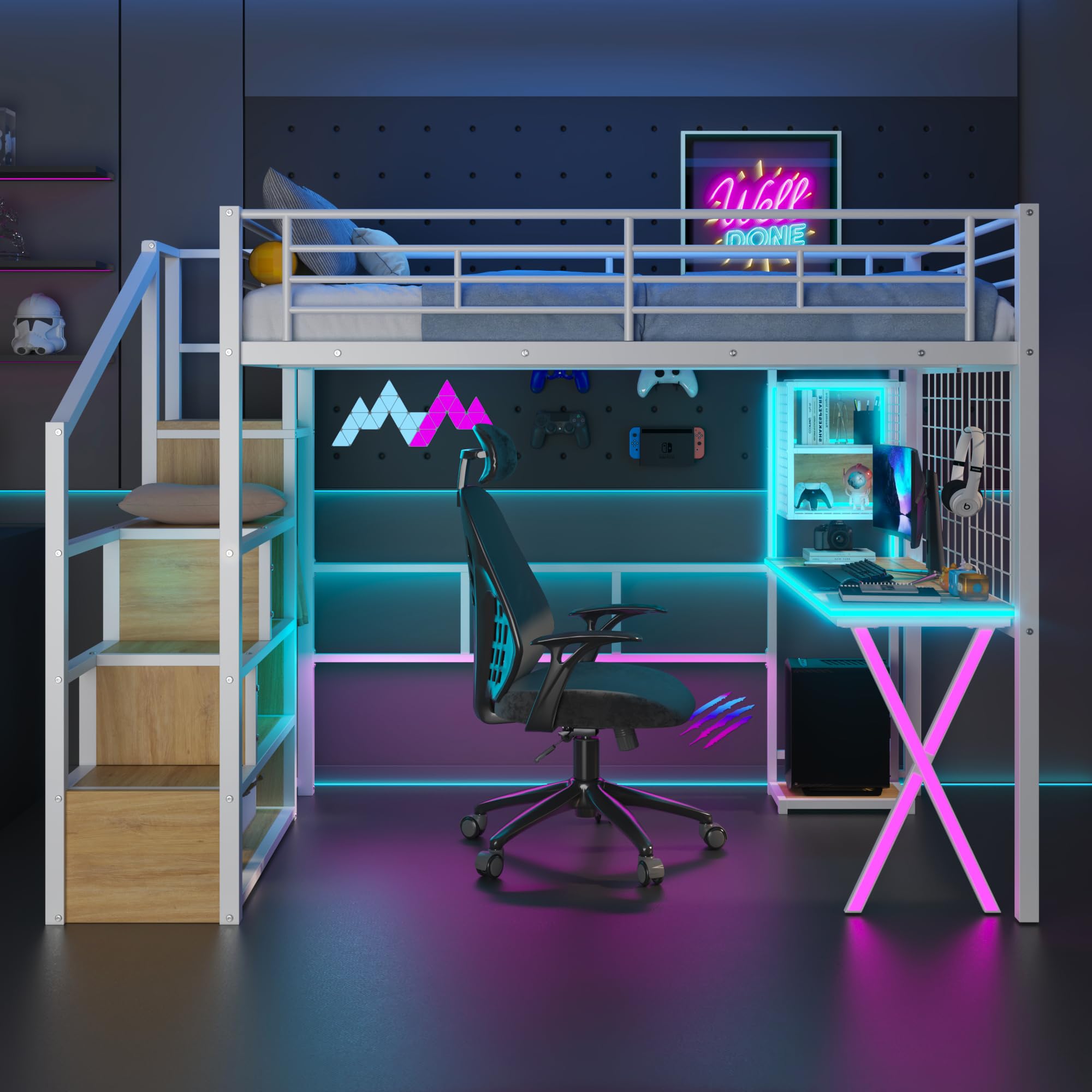 Full Size Loft Bed with Desk and Storage Stairs,Metal Gaming Loft Bed with LED Lighting, High LoftBed with Wardrobe and Shelves for Boys,Girls,Teens, Adults,White (Incomplete box 1/3)