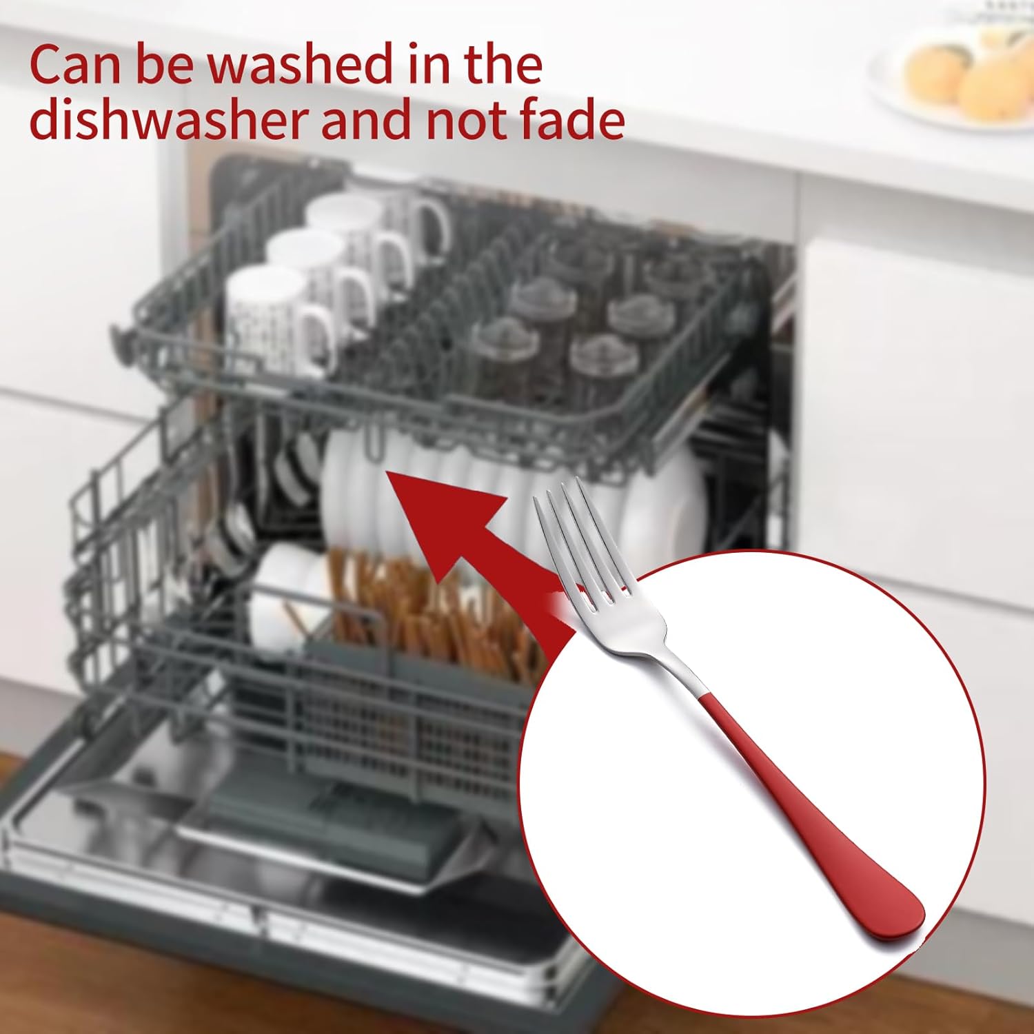 24piece Red Forks and Spoons Silverware Set,Red Handle Silverware 18/0 Stainless Steel Flatware Bulk Forksand Spoons Dessert Forks and Table Spoon Set of 24 Dishwasher Safe