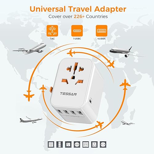 Miniatura 3 de Adaptador de enchufe de viaje universal de 30 W, adaptador de enchufe TESSAN International con 1 USB C y 4 puertos USB A, toma de corriente para