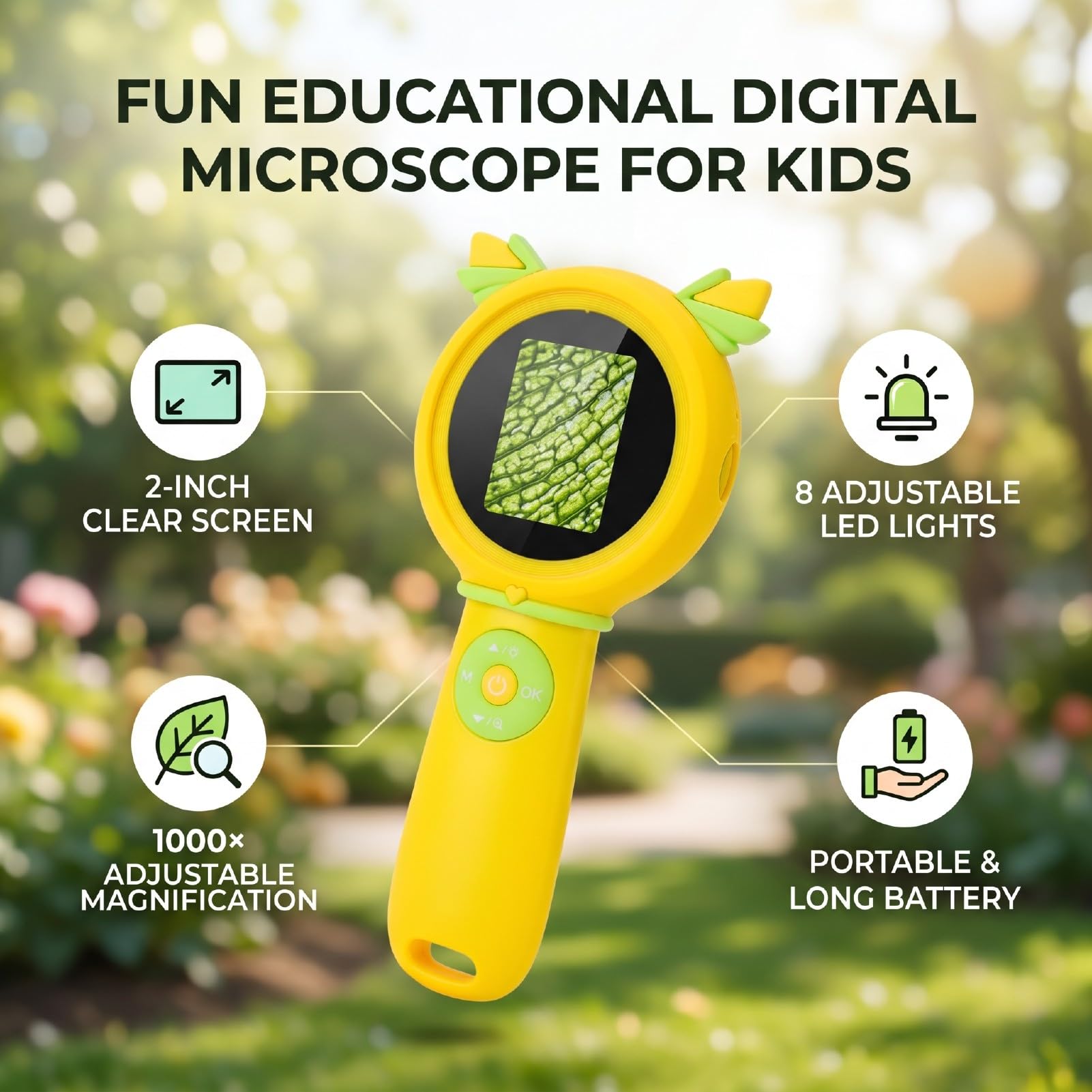 Fabater Digitales Mikroskop, 1000-faches Tragbares Taschenmikroskop mit 2,0-Zoll-Bildschirm, Lupe mit Licht, Handmikroskope für Kinder, Geburtstagsgeschenke für Mädchen und Jungen (Yellow)