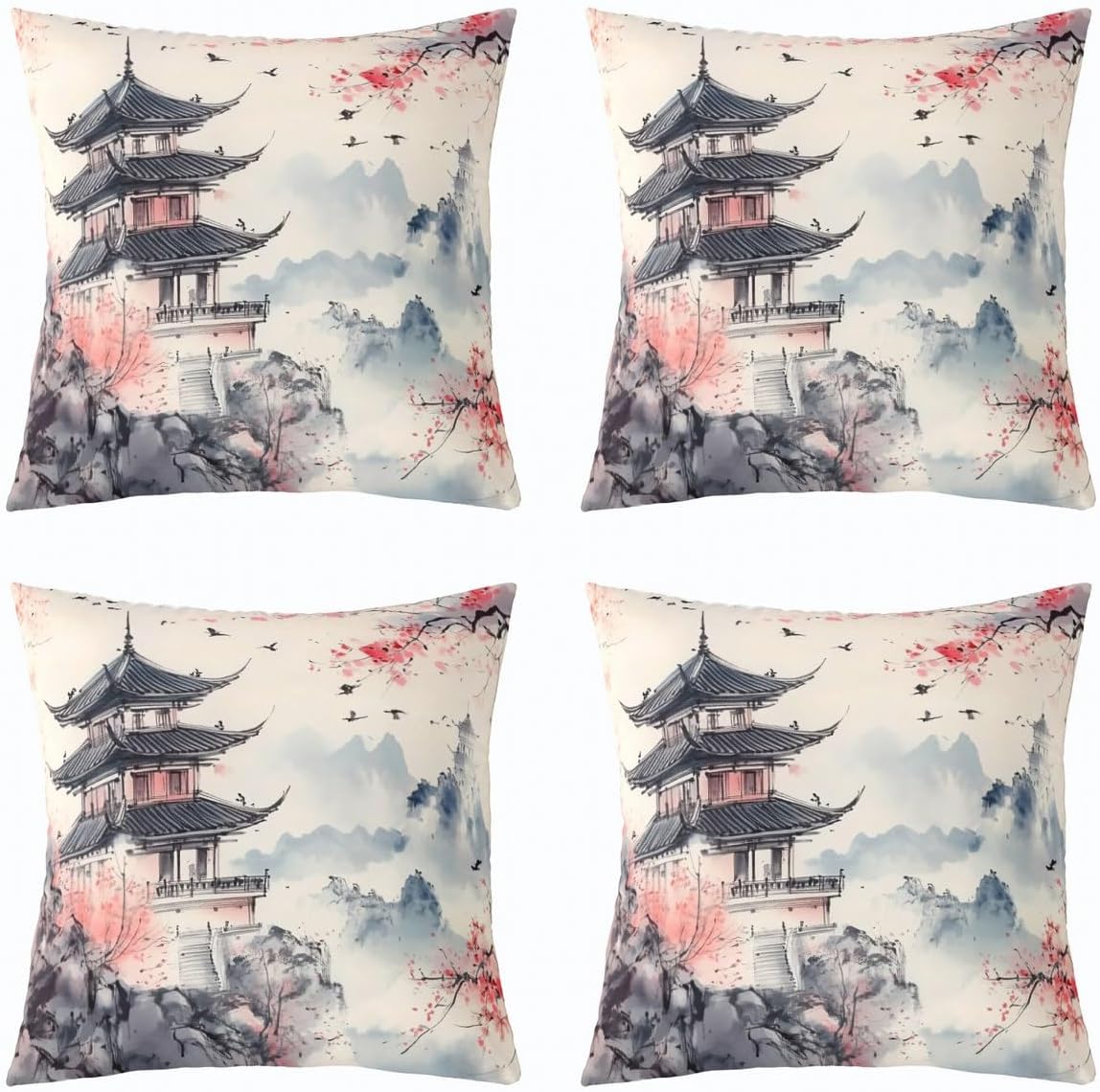 Erosebridal Pack of 4 Pavilions Cushion Covers 16x16 Inch Chinese Ink Decorative Pillowcases for Teens Adults Anime Japanese Floral White Pink Red Cushion Cases Soft Throw Pillow Covers