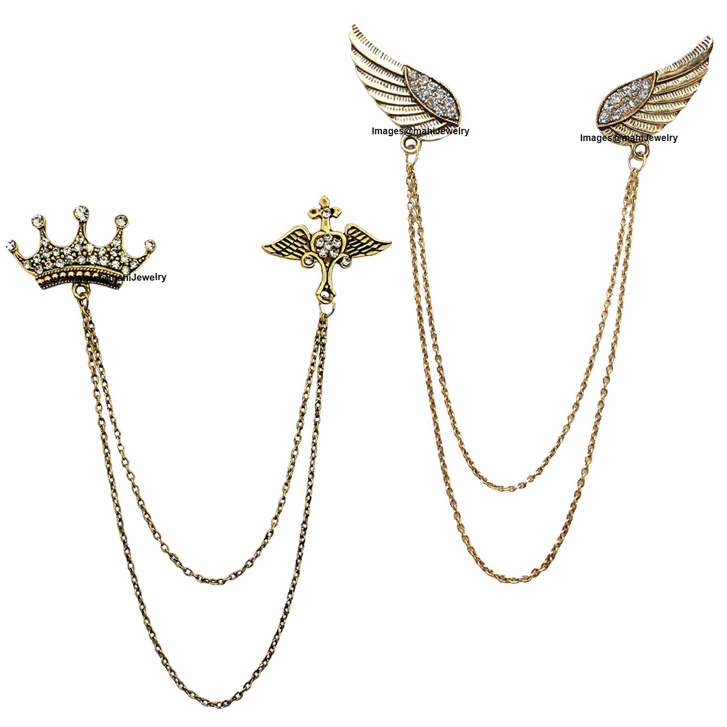 MahiGold Plated Combo of Crown and Wings Chain Brooch with Crystals CO1105081G