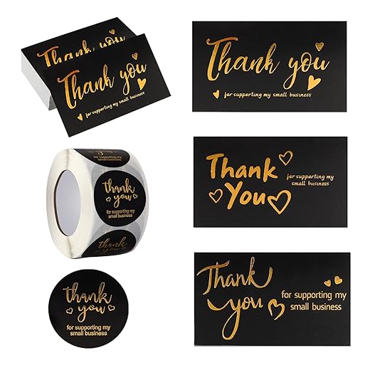 CloudTrip 650PCS 1.5IN Thank You for Supporting Small Business Set -150PCS 3 Styles Gold Foil Thank You Cards and 500PCS 1.5Inches Large Thank You Stickers Label for Business Package Supplies (Black)